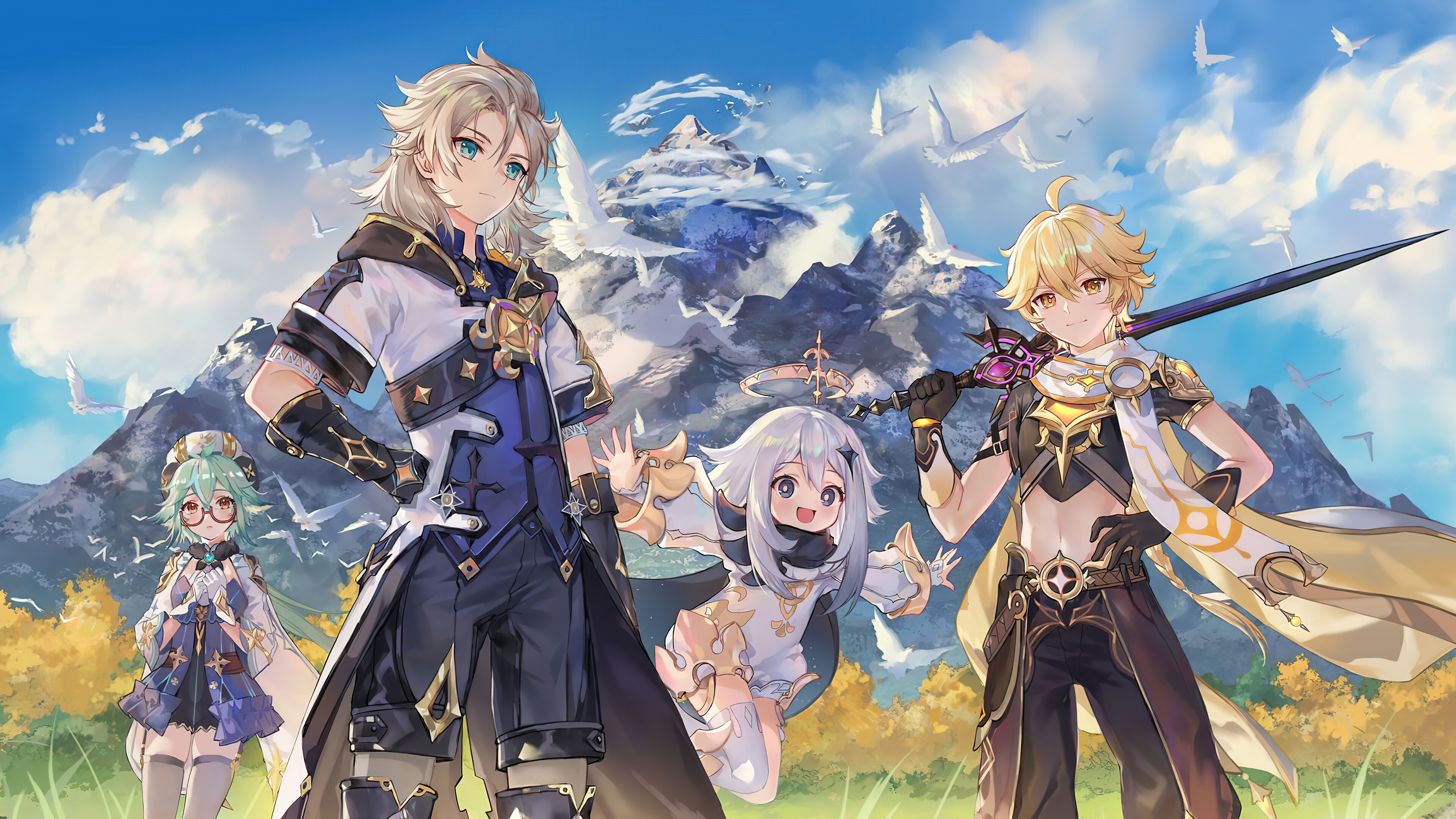 Genshin Impact: Albedo, Aether, Sucrose, and Paimon in mountains HD Wallpaper