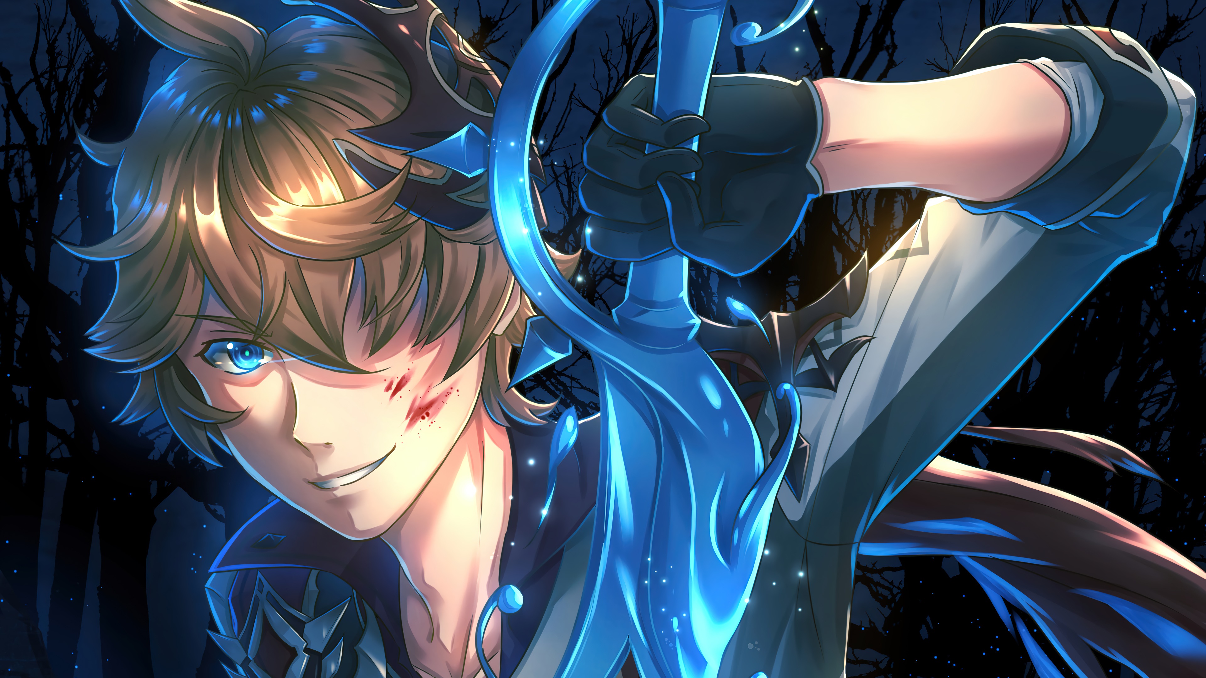 Tartaglia from Genshin Impact with a blue sword HD Wallpaper