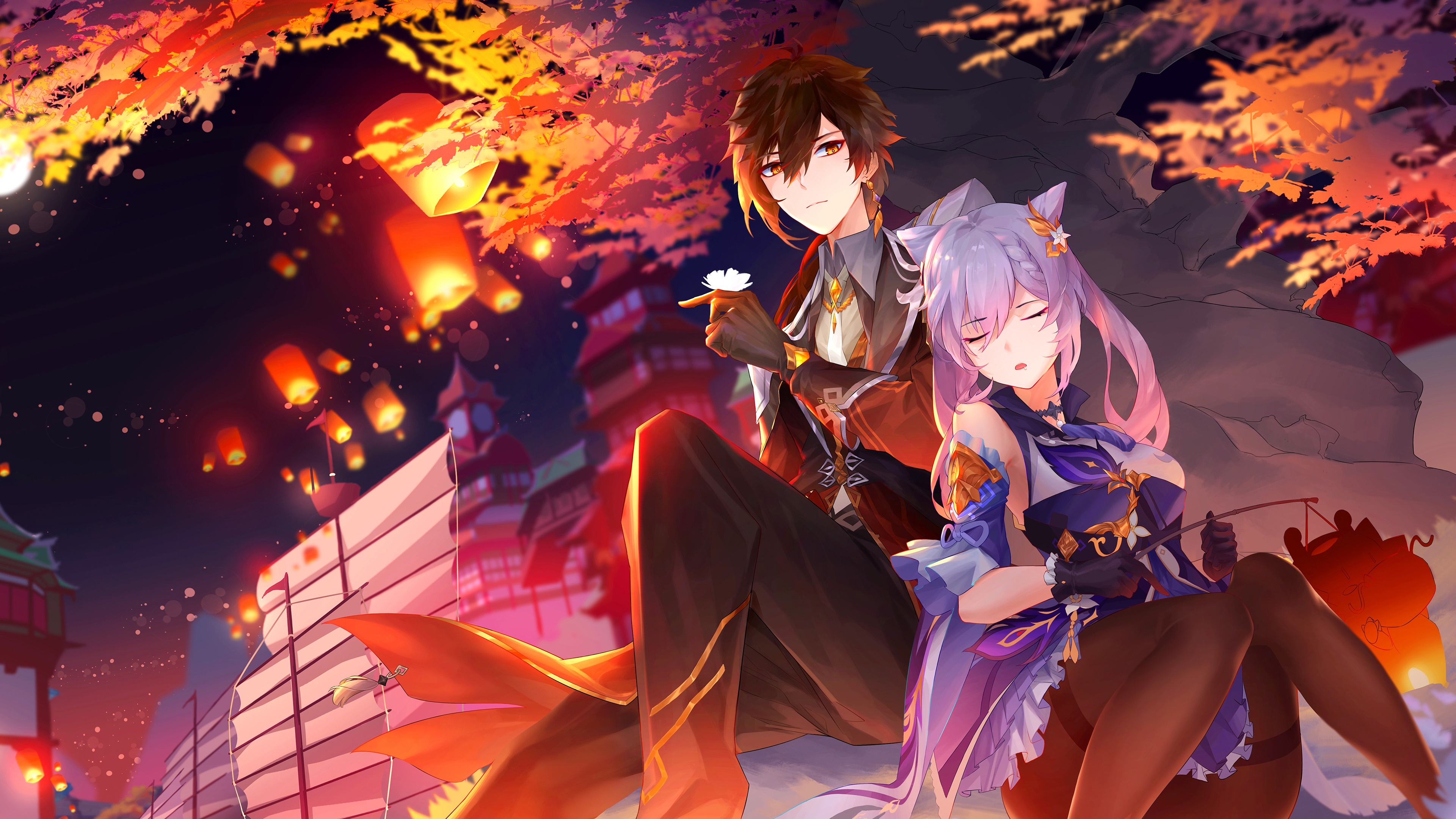 Zhongli and Keqing from Genshin Impact with lanterns HD Wallpaper