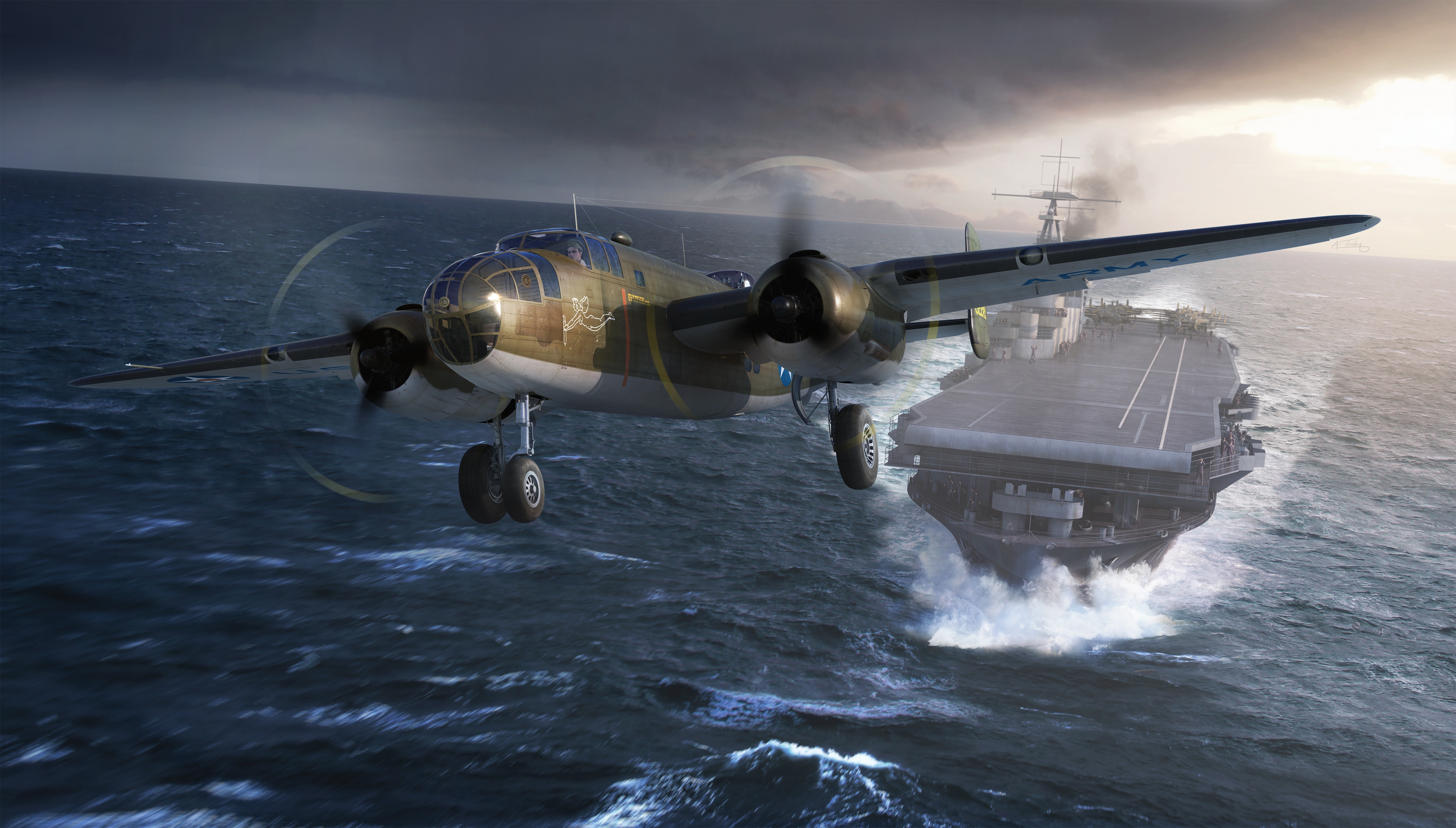 North American B-25 Mitchell bomber flying over aircraft carrier HD Wallpaper