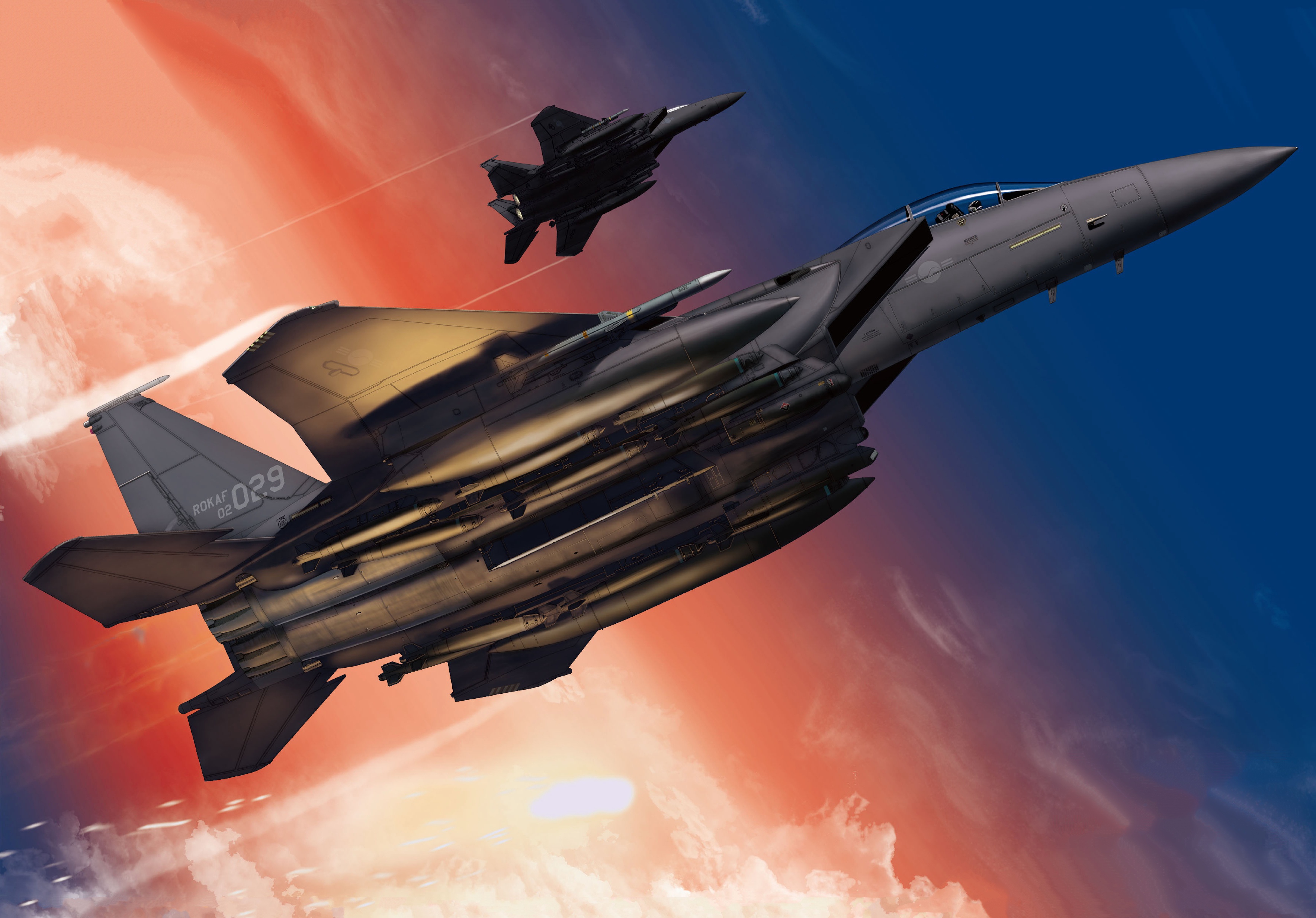 Two ROKAF F-15 Eagles in flight HD Wallpaper