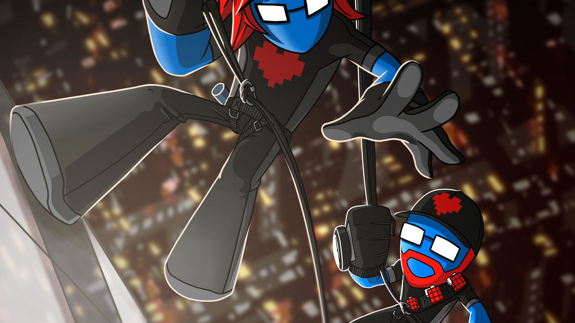 Monstercat characters rappelling down a city at night HD Wallpaper