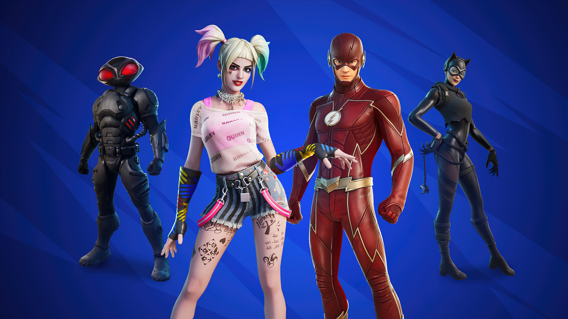 Fortnite DC Comics skins: Black Manta, Harley Quinn, Flash, Catwoman HD Wallpaper