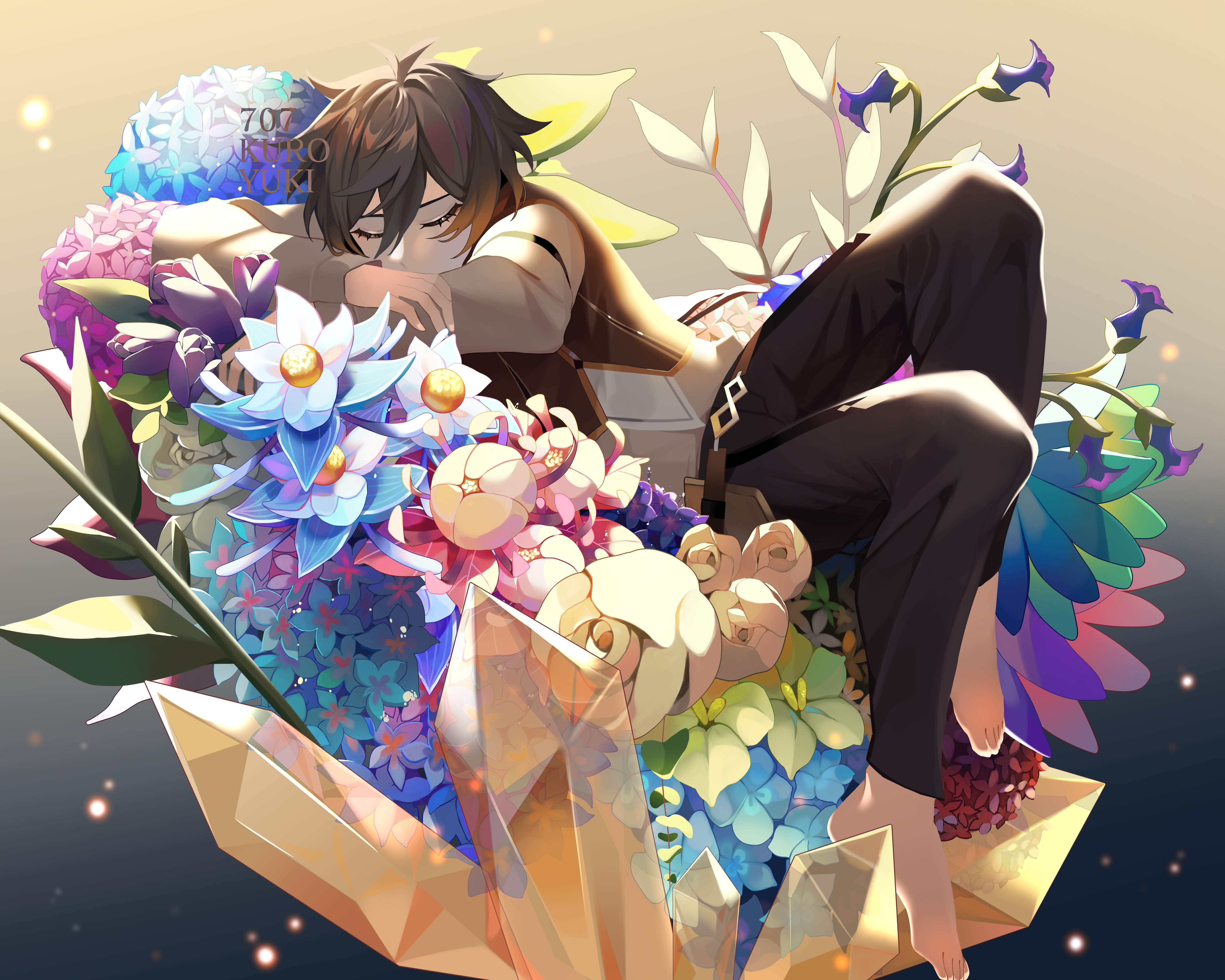 Zhongli (Genshin Impact) sleeping among flowers HD Wallpaper