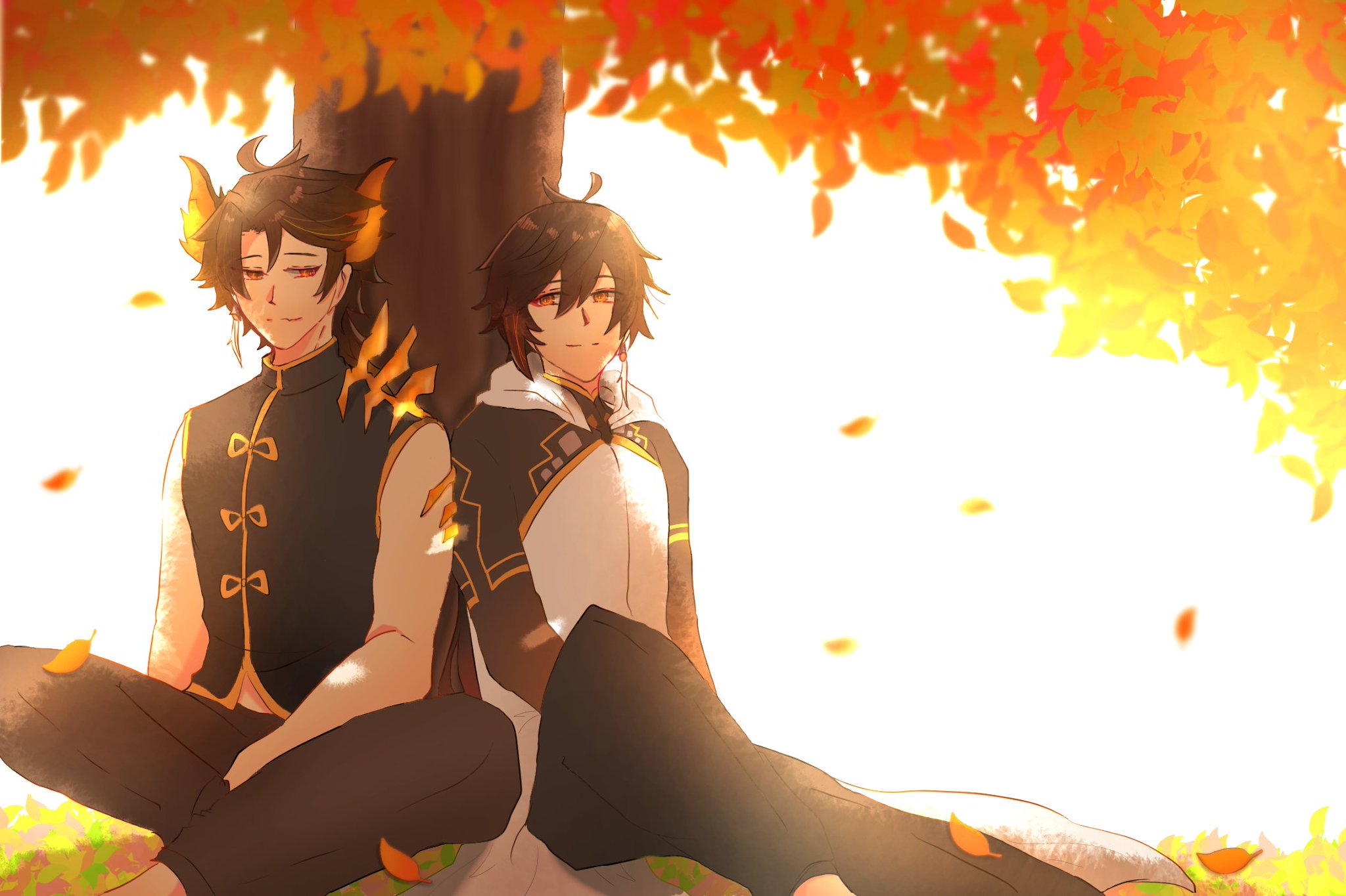 Zhongli and Rex Lapis under autumn leaves HD Wallpaper