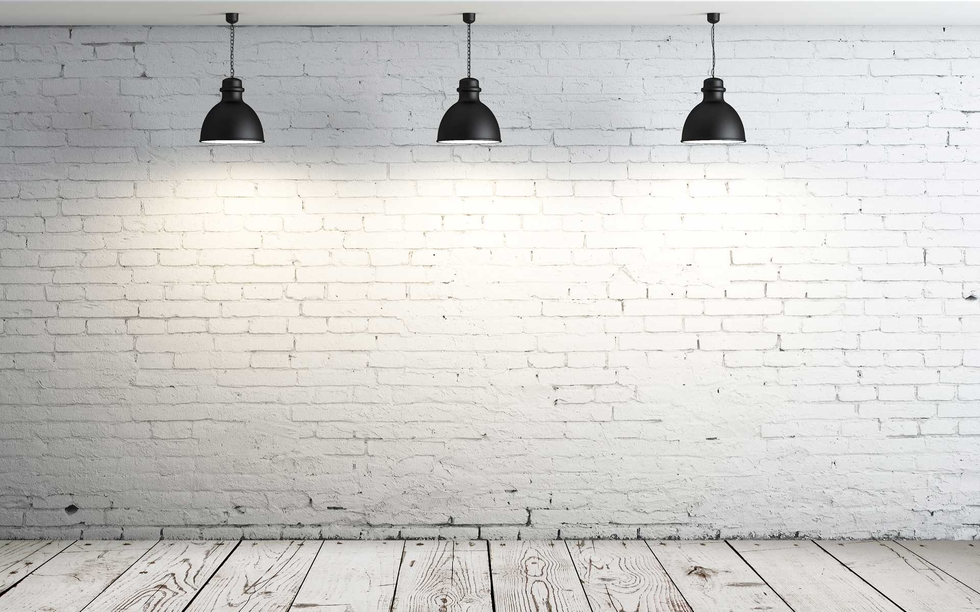 Interior with white brick wall and pendant lights HD Wallpaper