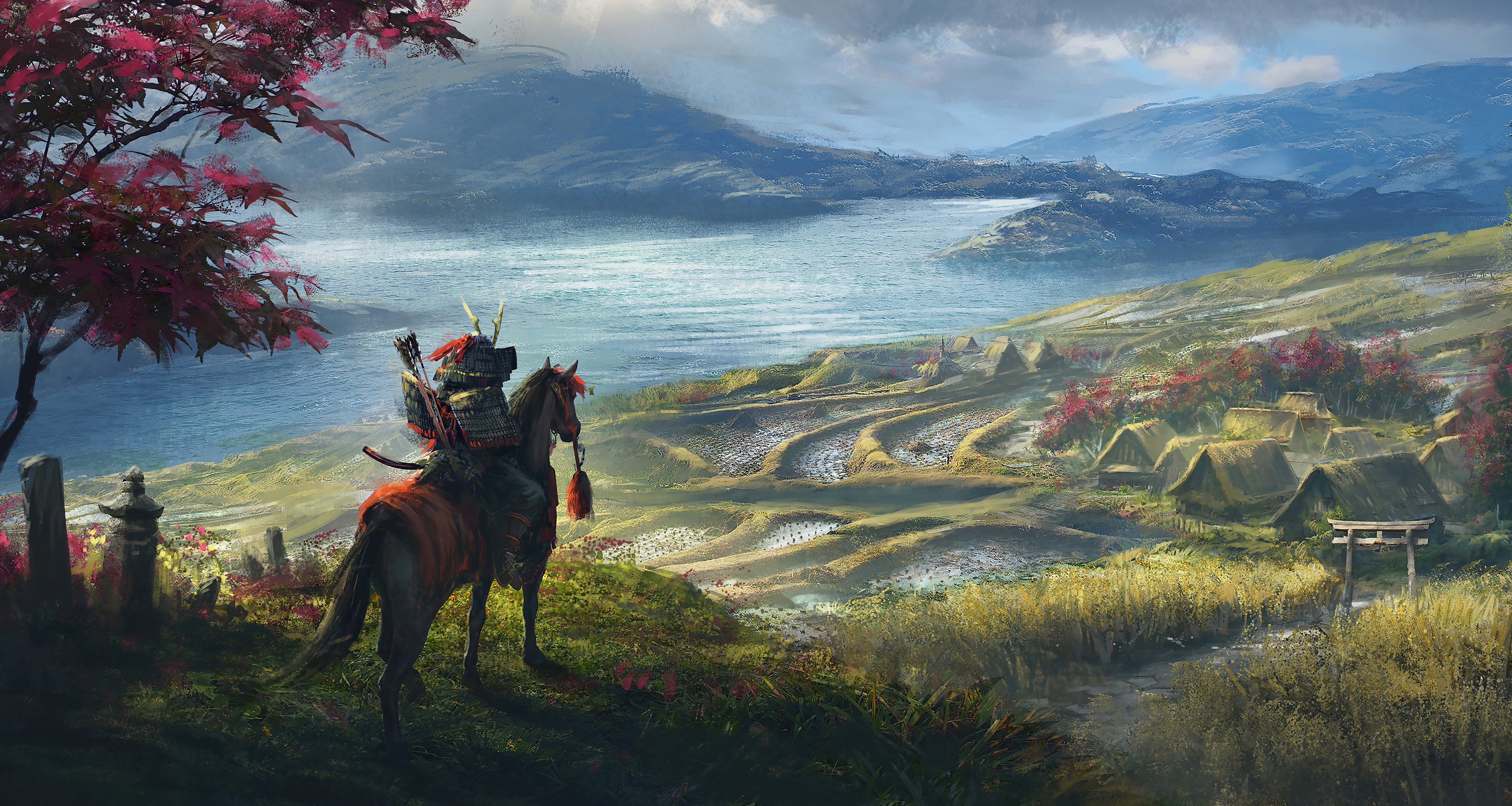 Samurai on horseback overlooking a village and lake HD Wallpaper
