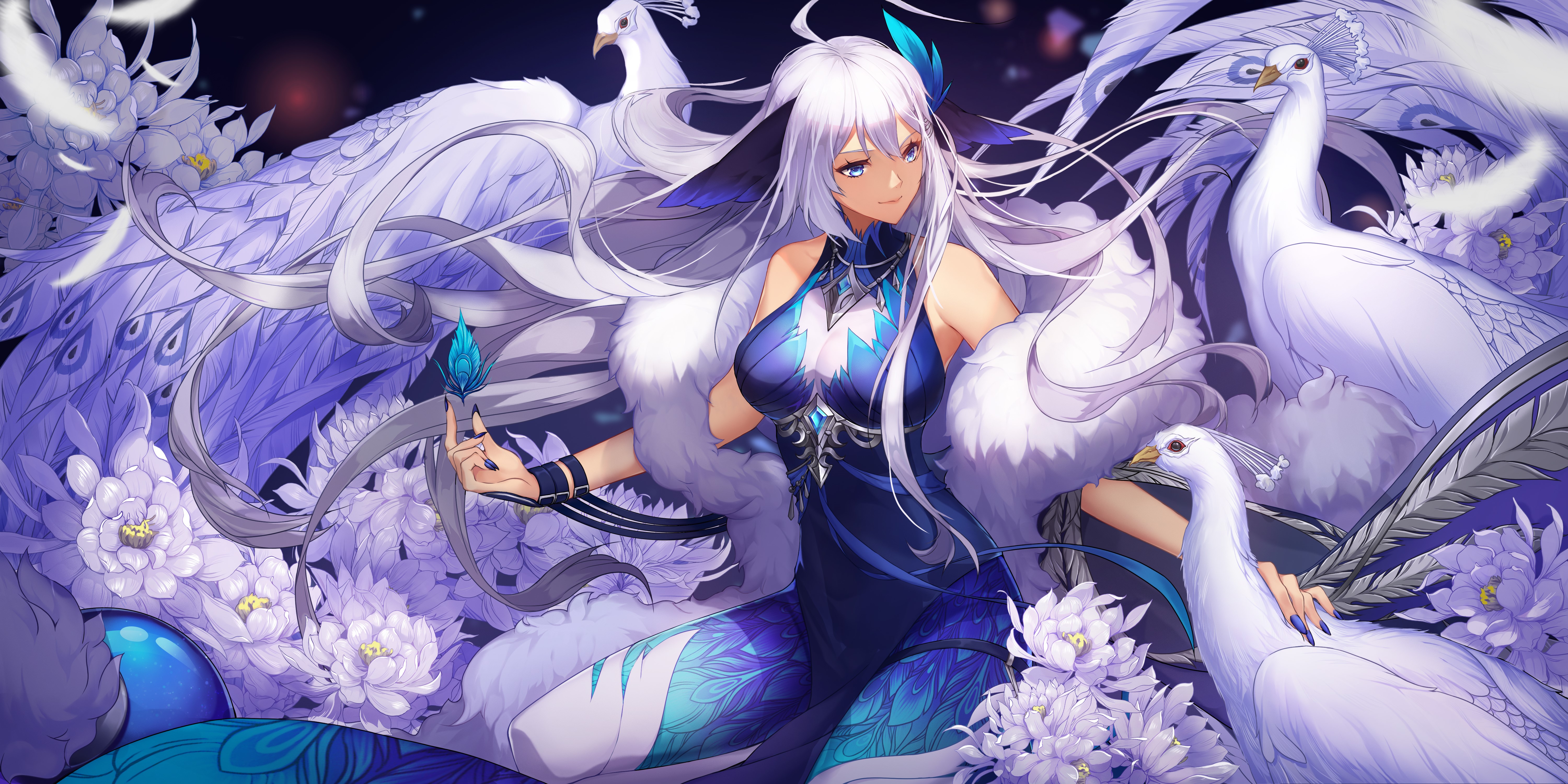 Anime girl with white hair and peacocks HD Wallpaper
