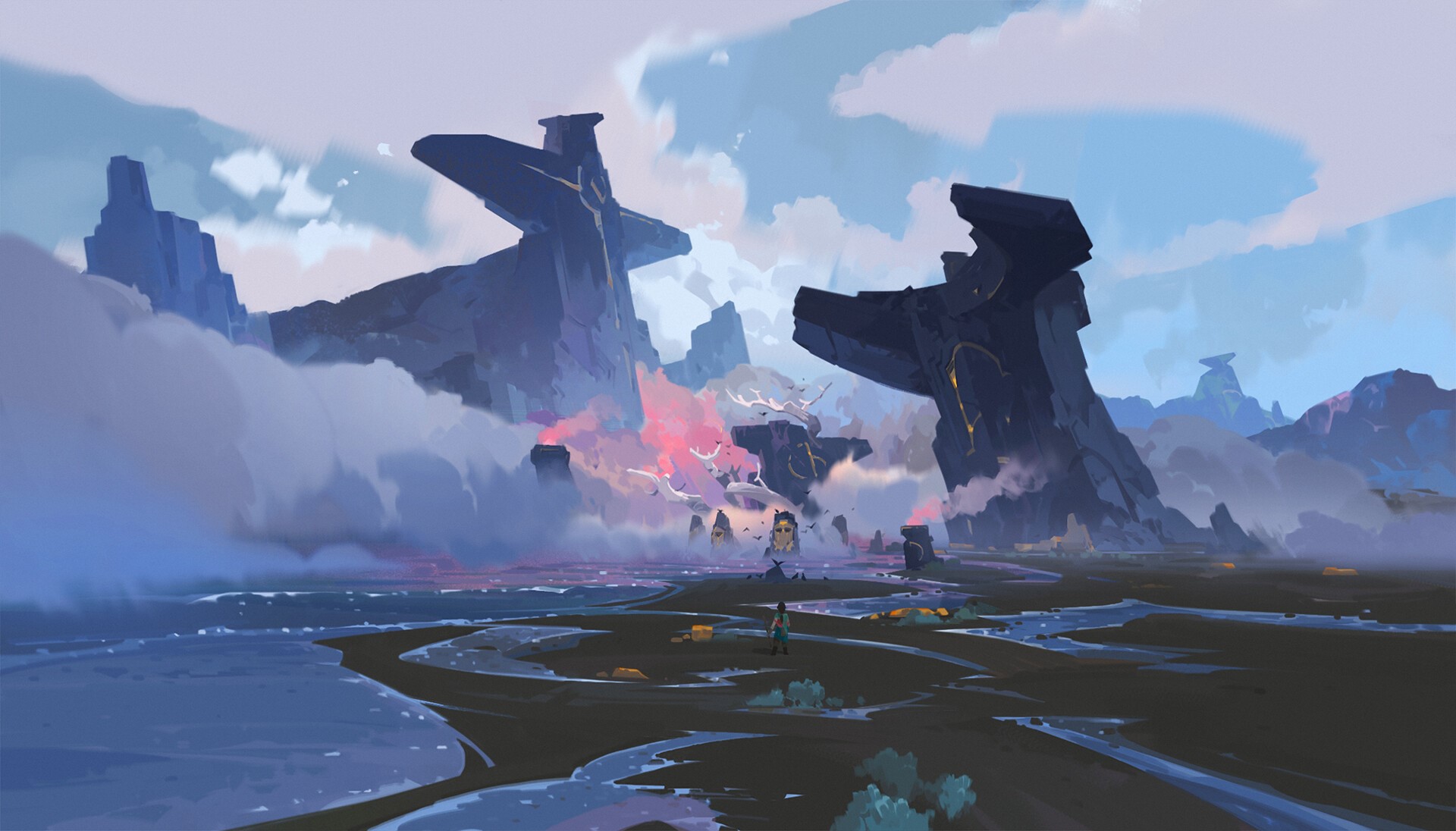 Fantasy landscape with ancient ruins and birds HD Wallpaper