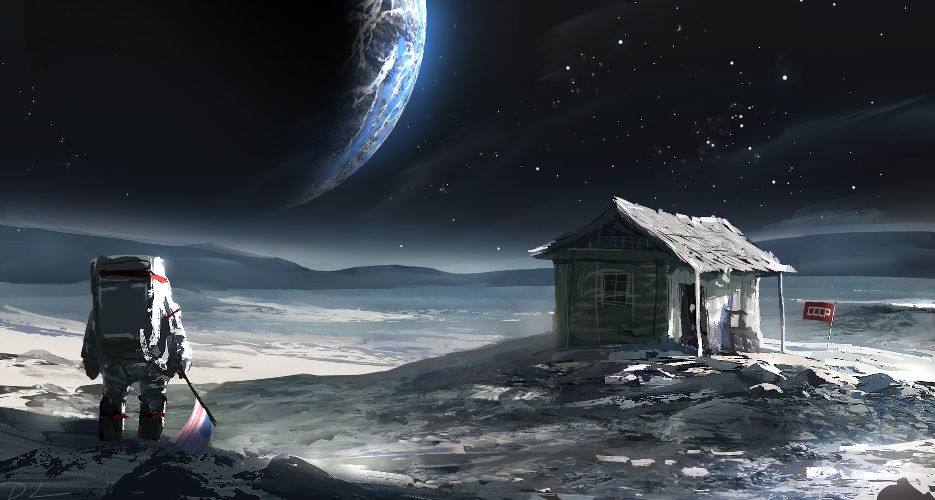 Astronaut on Moon with Earth and USSR Flag HD Wallpaper