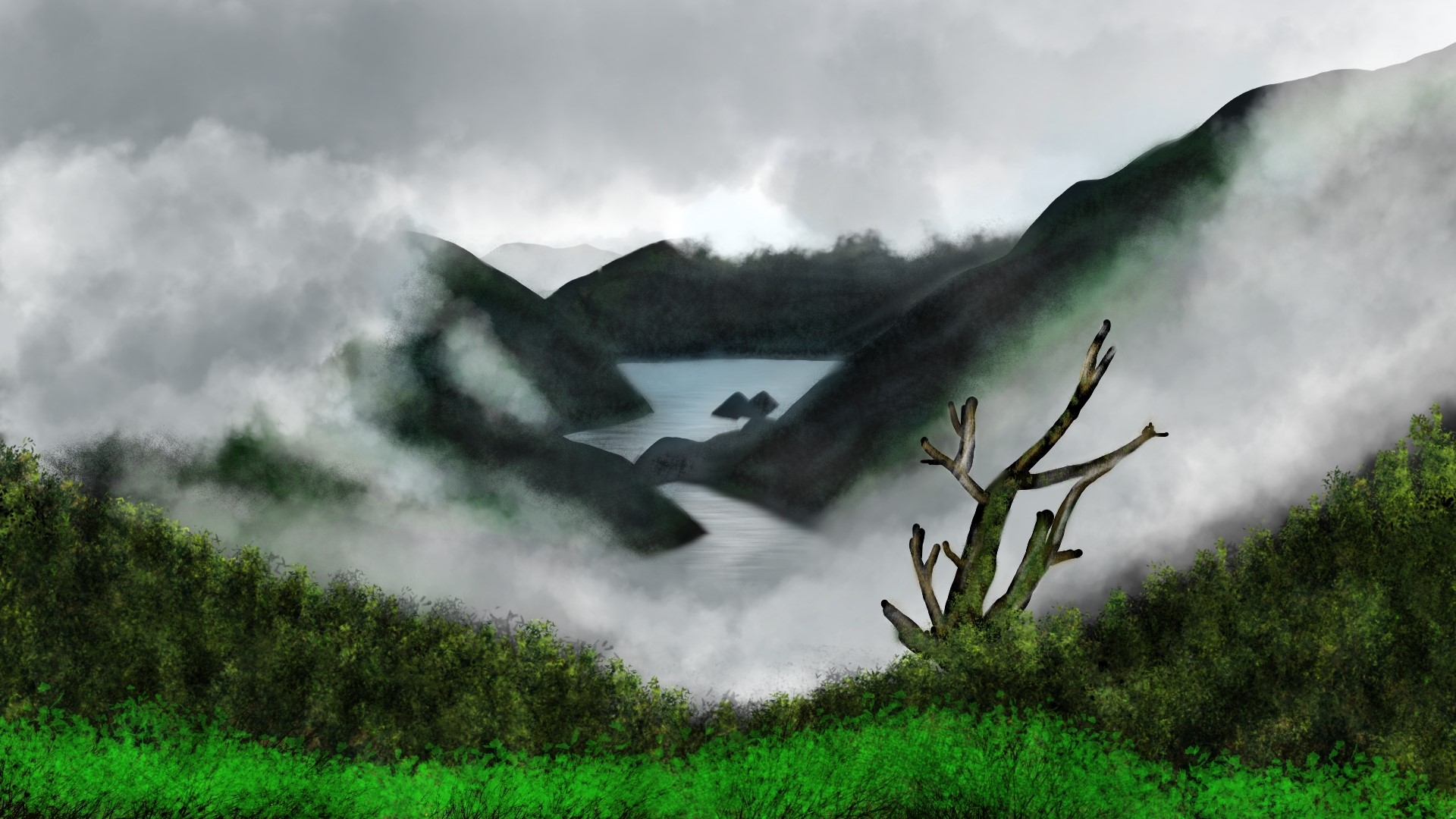 Misty mountain lake landscape digital painting HD Wallpaper