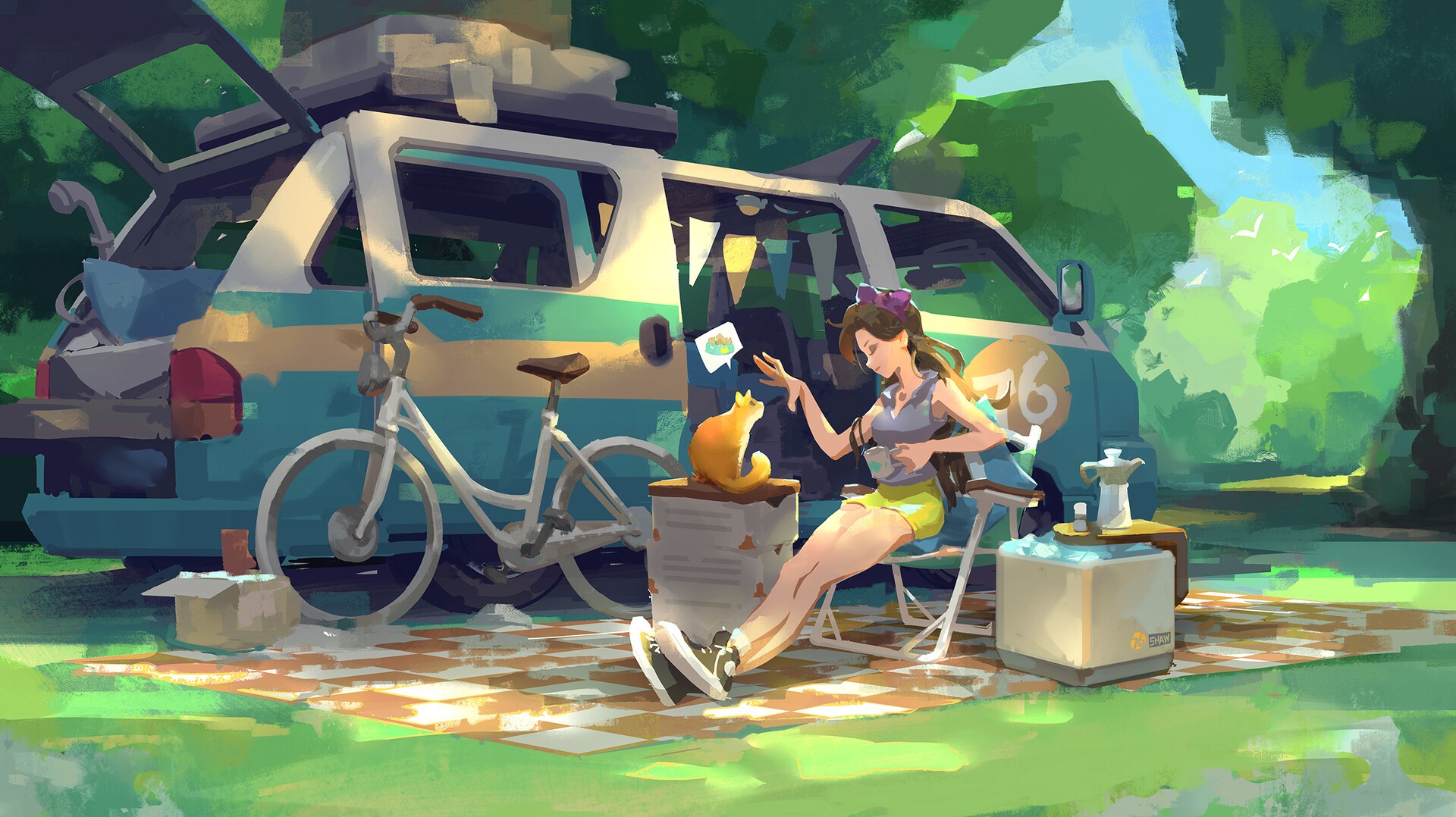Woman and cat camping with van and bicycle HD Wallpaper