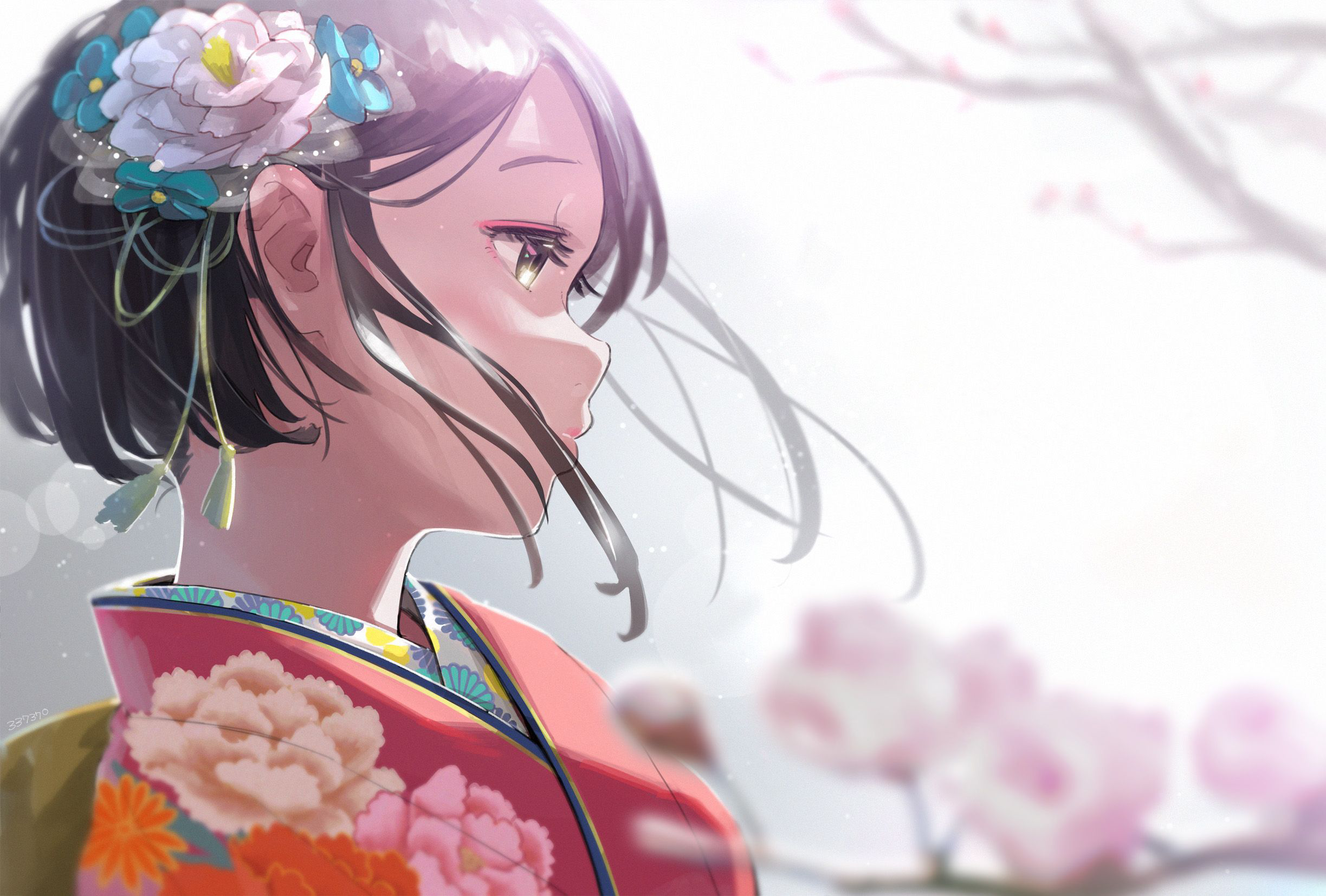 Anime girl with flower in hair wearing a kimono HD Wallpaper