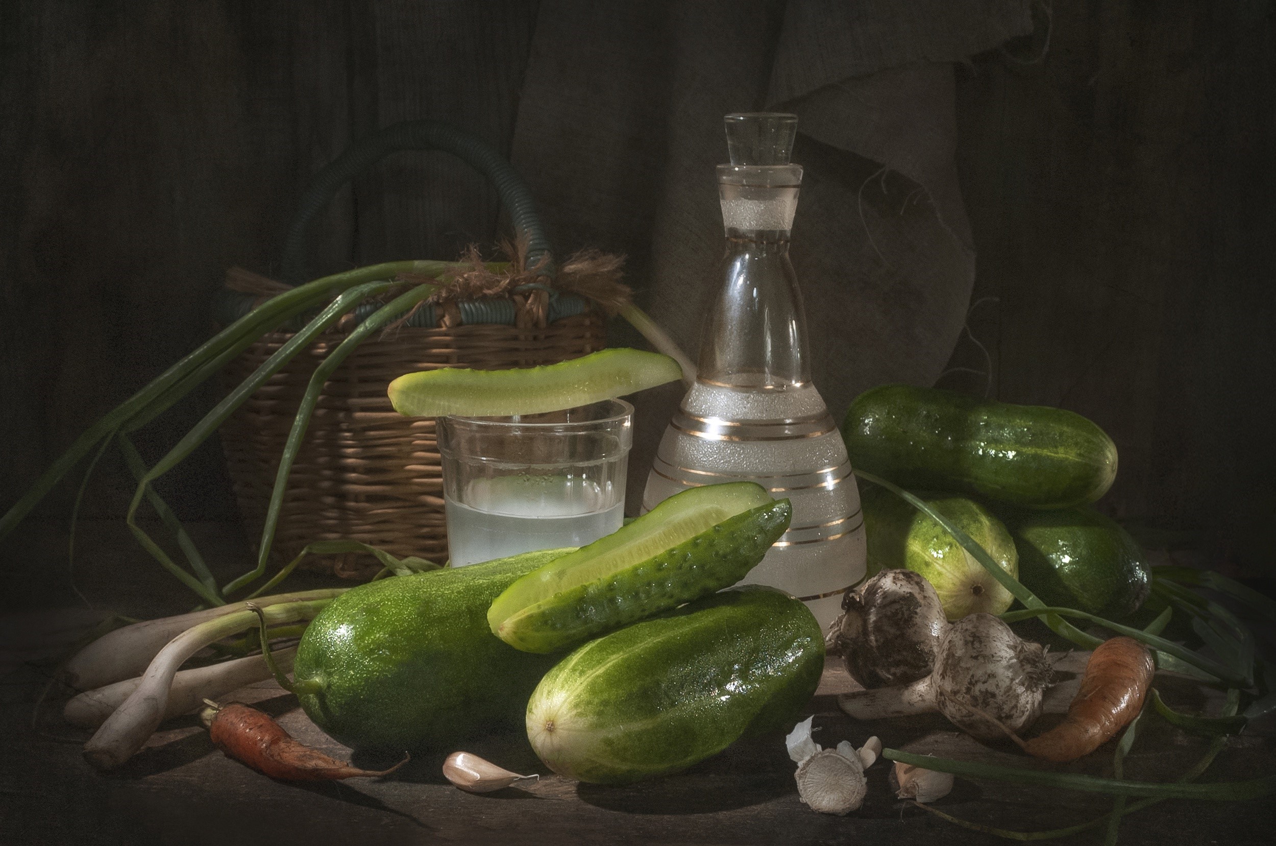 Still life with vegetables and a bottle of liquid HD Wallpaper