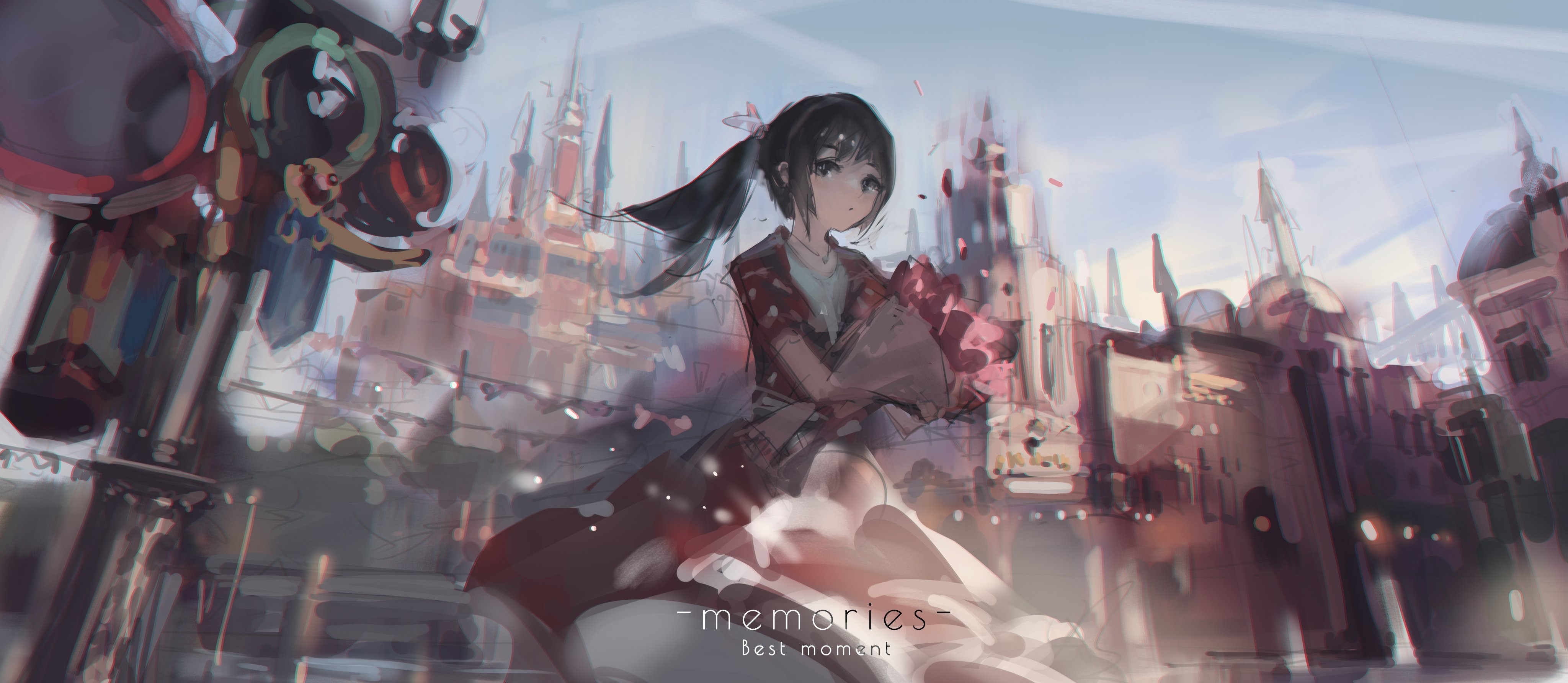 Anime girl with red flowers and buildings HD Wallpaper