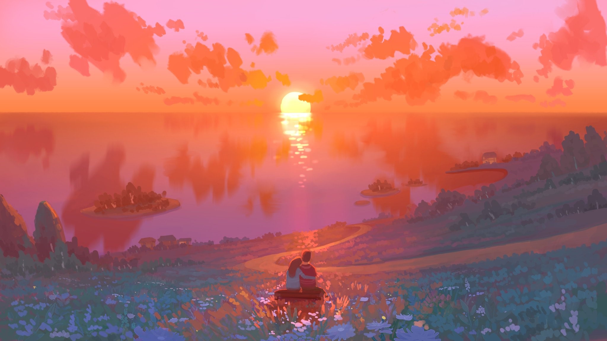 Couple watching a vibrant sunset over the sea HD Wallpaper