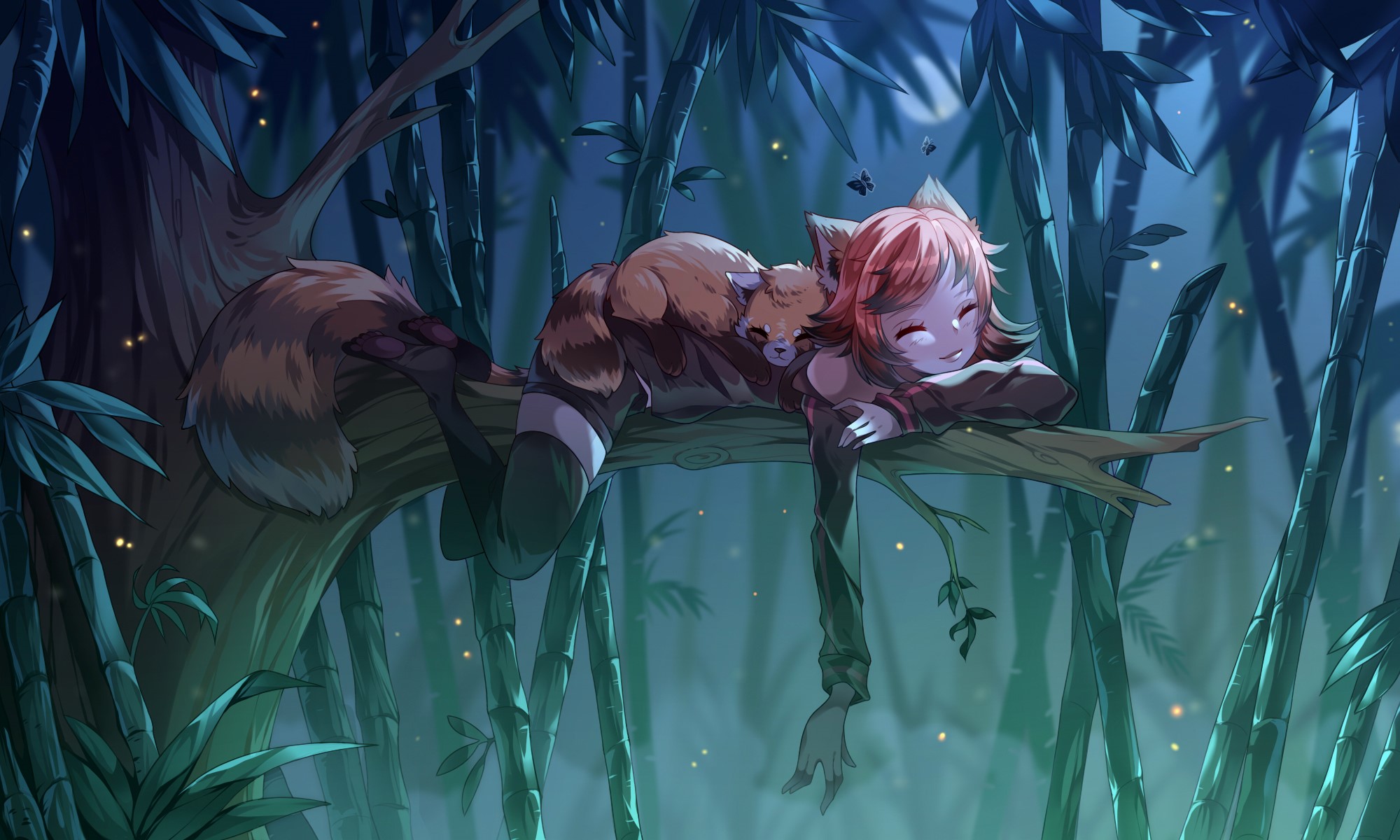 Redhead fantasy girl sleeping with red panda in bamboo forest HD Wallpaper