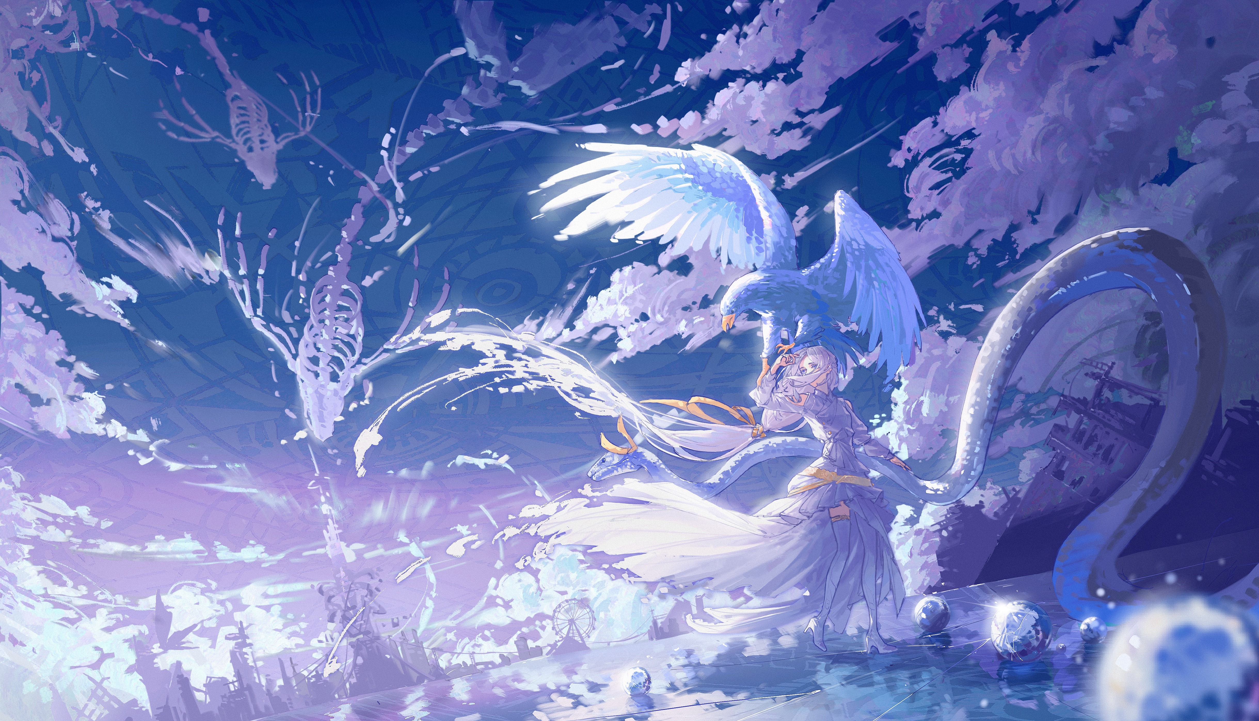 Anime girl with bird and snake in ruins HD Wallpaper