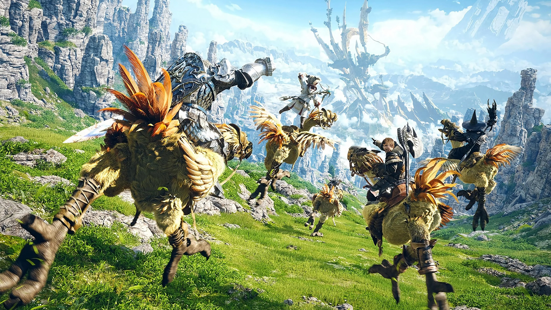 Final Fantasy XIV: Heavensward Chocobo Riders in Mountains HD Wallpaper