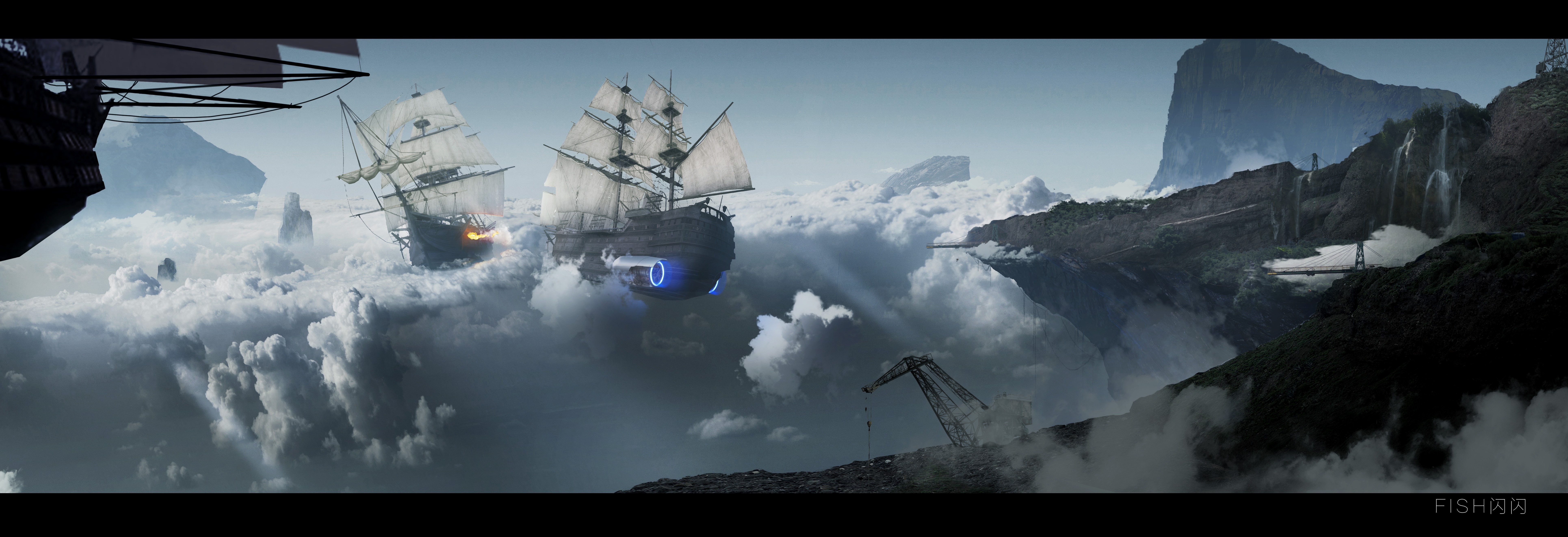 Airships sailing through clouds above mountains HD Wallpaper