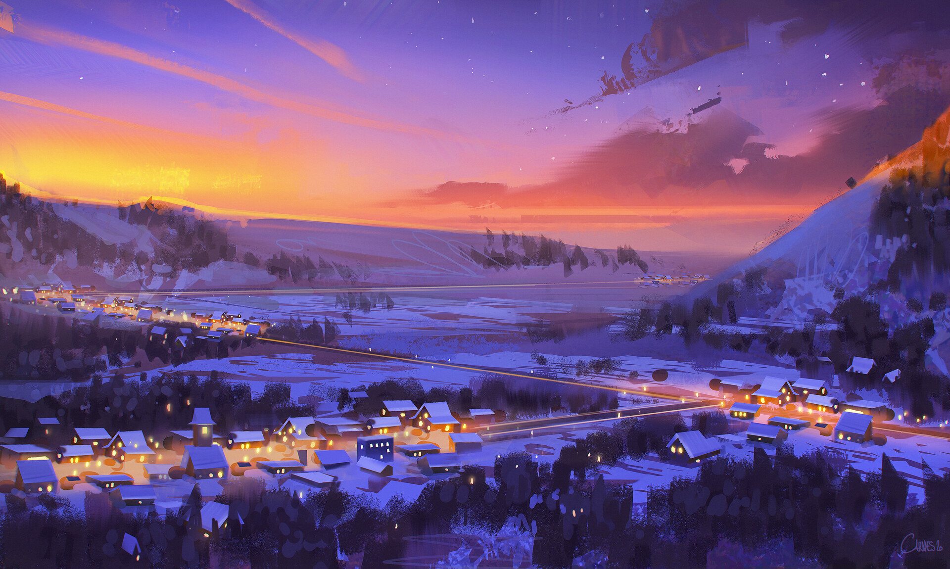 Digital art landscape of a snowy village at sunset HD Wallpaper