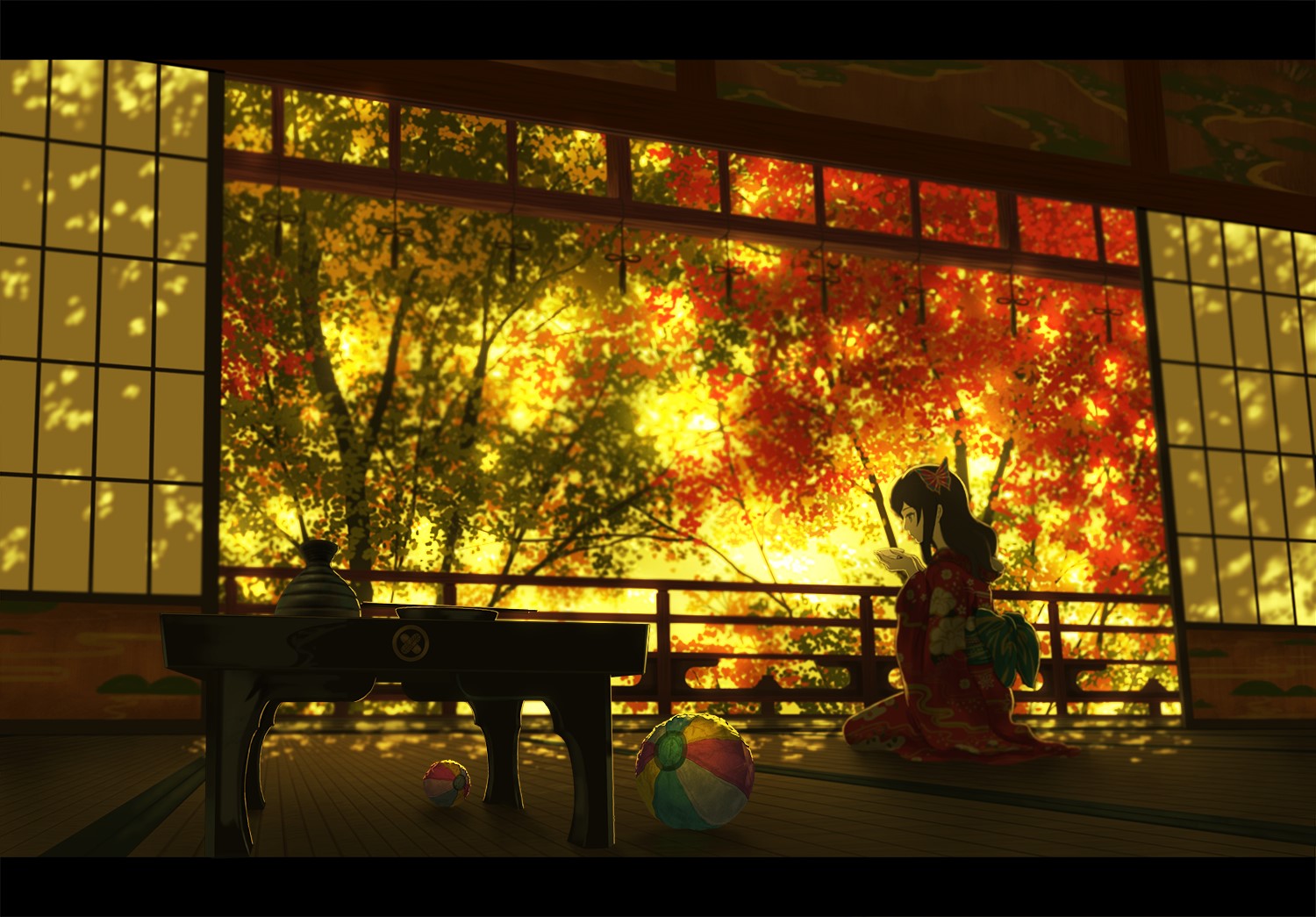 Anime girl in kimono by a window with autumn leaves HD Wallpaper