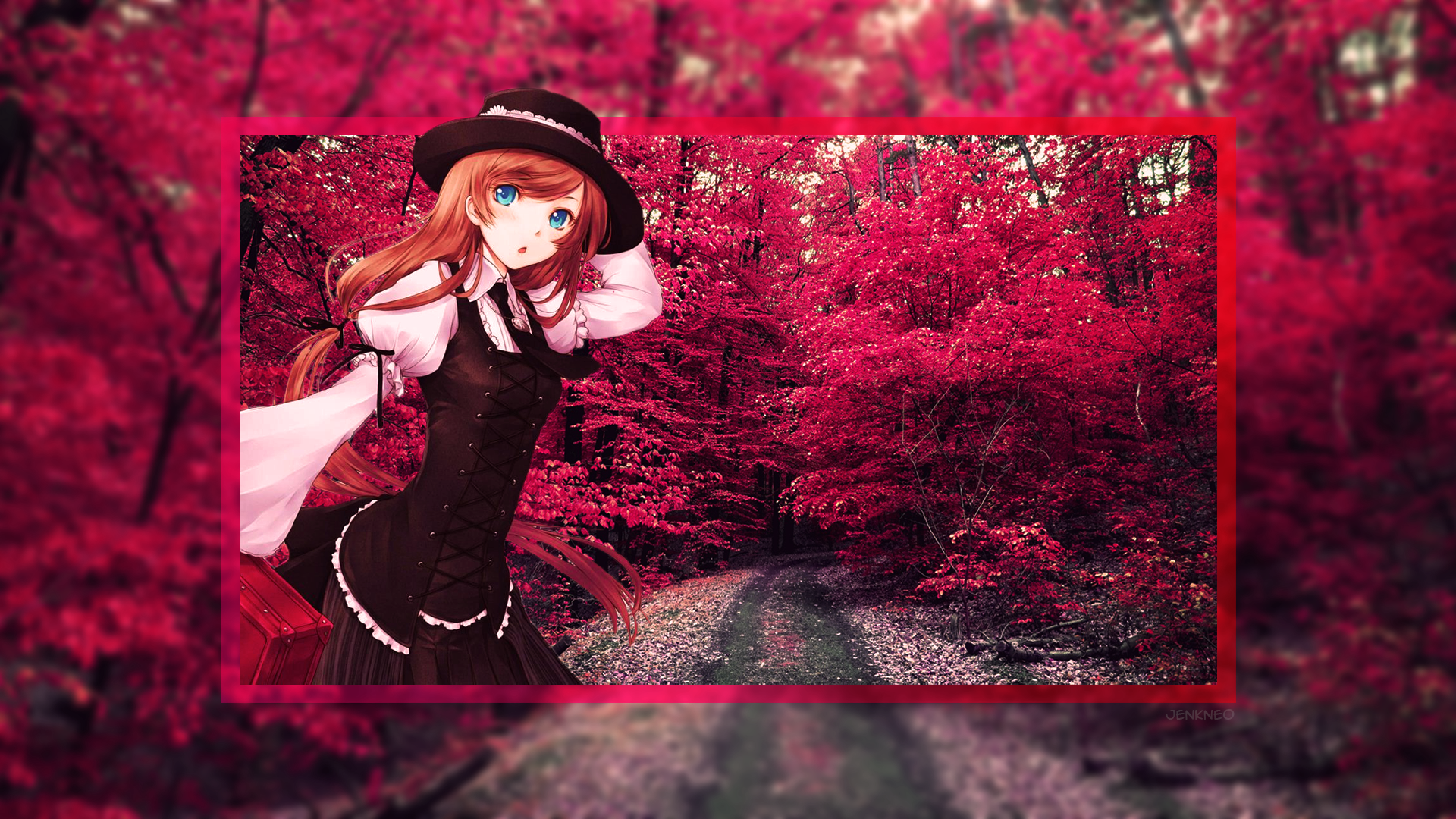 Anime girl in a hat in a red forest HD Wallpaper