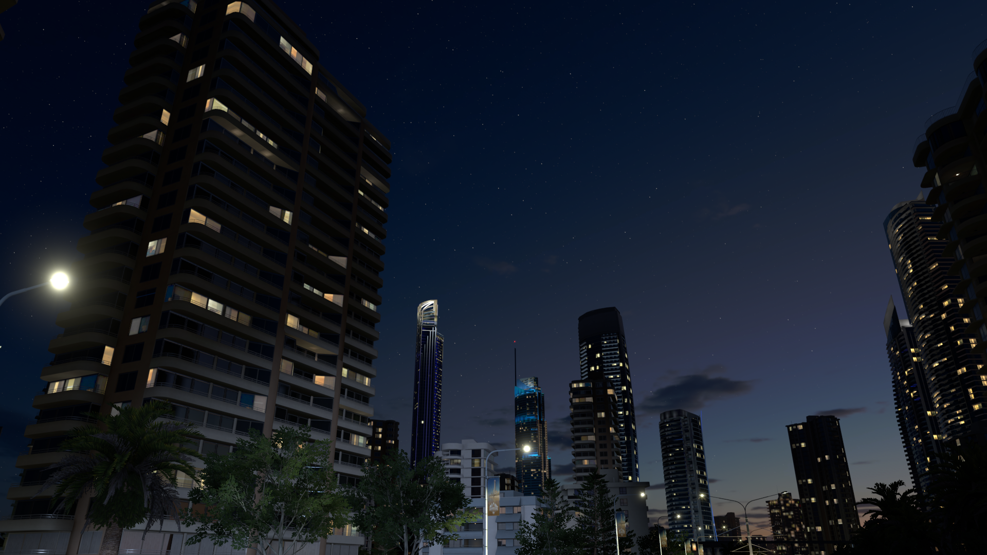 Cityscape at night with skyscrapers and stars HD Wallpaper