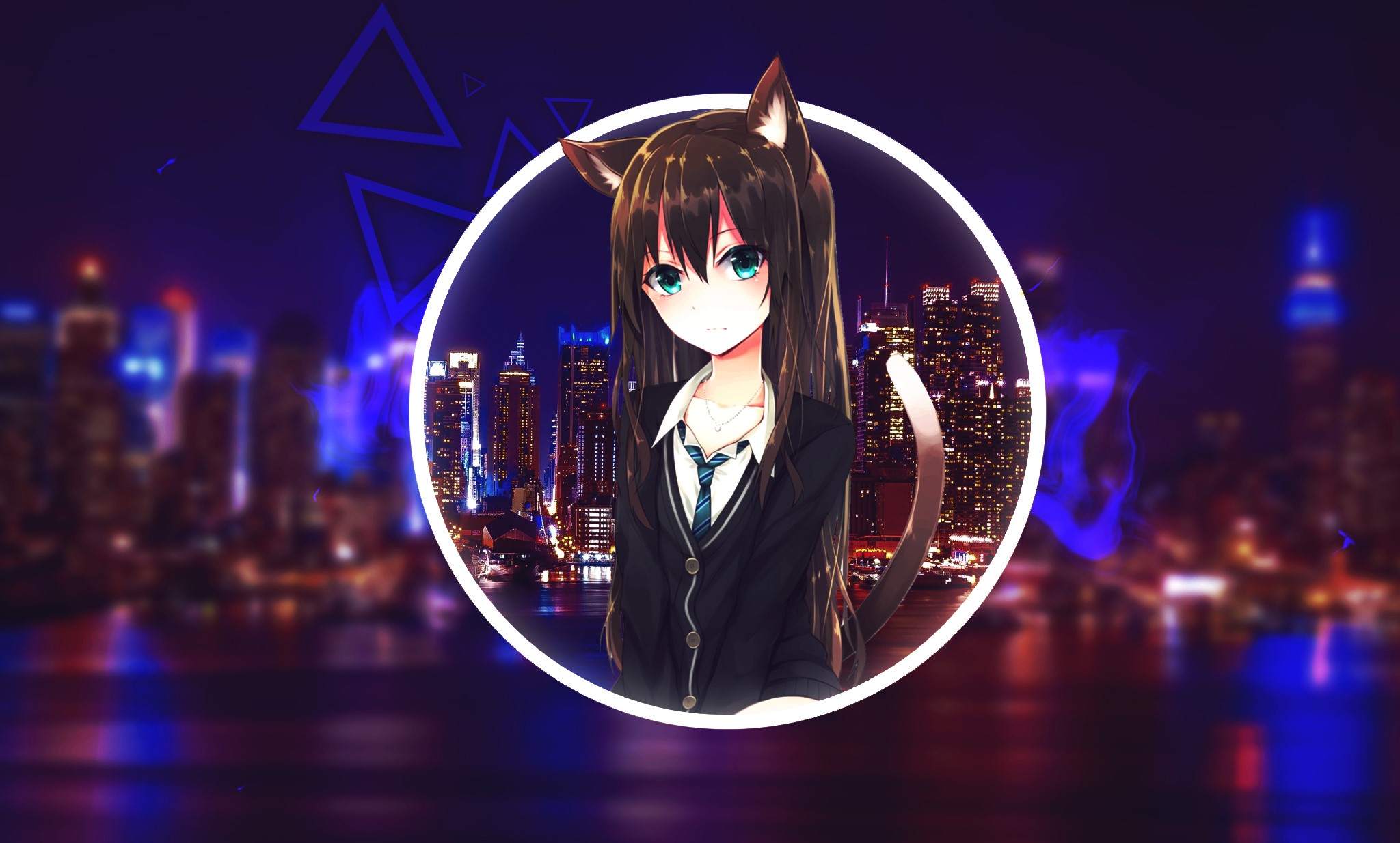 Anime cat girl in a circle with city background HD Wallpaper