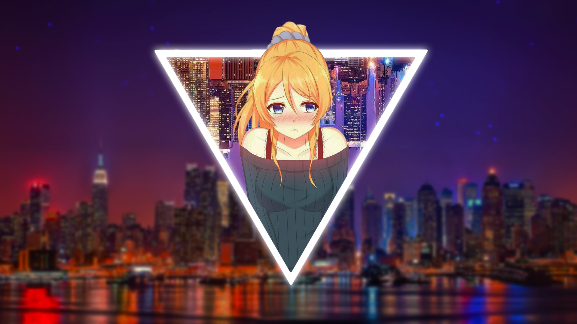 Anime girl in a triangle frame over a city skyline HD Wallpaper