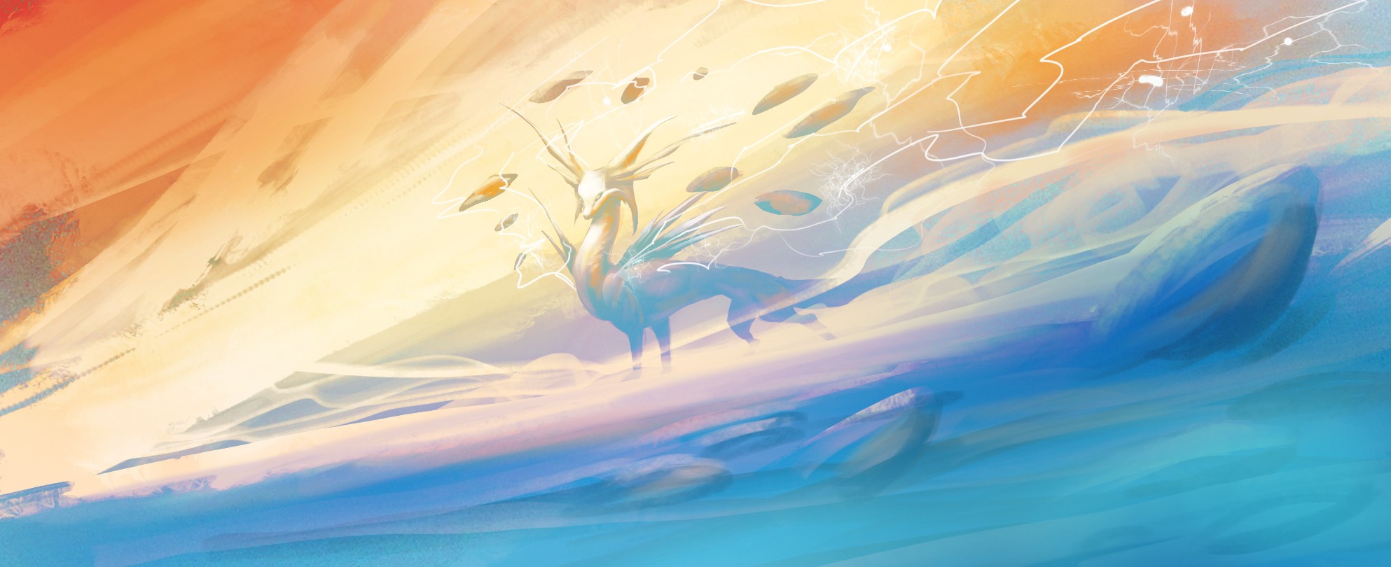 Creature with antlers in a colorful, abstract landscape HD Wallpaper