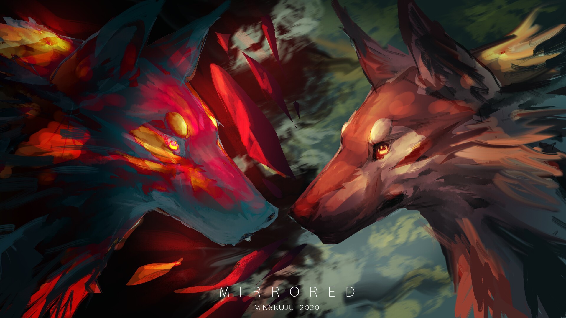 Two wolves facing each other, digital art HD Wallpaper