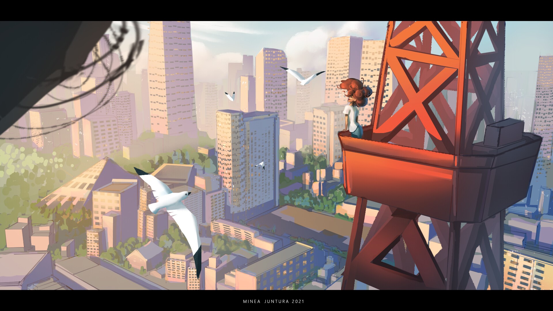 Girl on crane overlooking city with seagulls HD Wallpaper