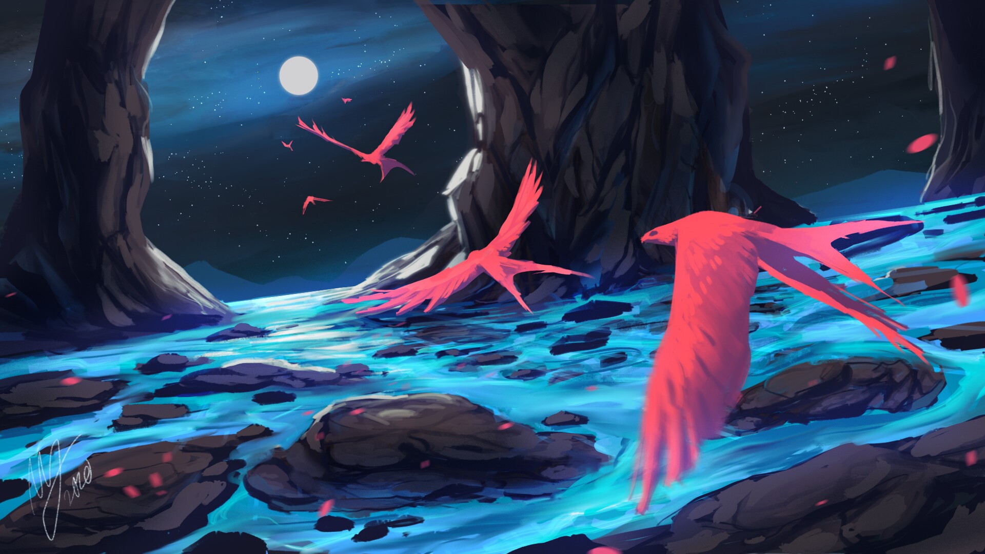Red birds flying at night near a cave under the moon HD Wallpaper