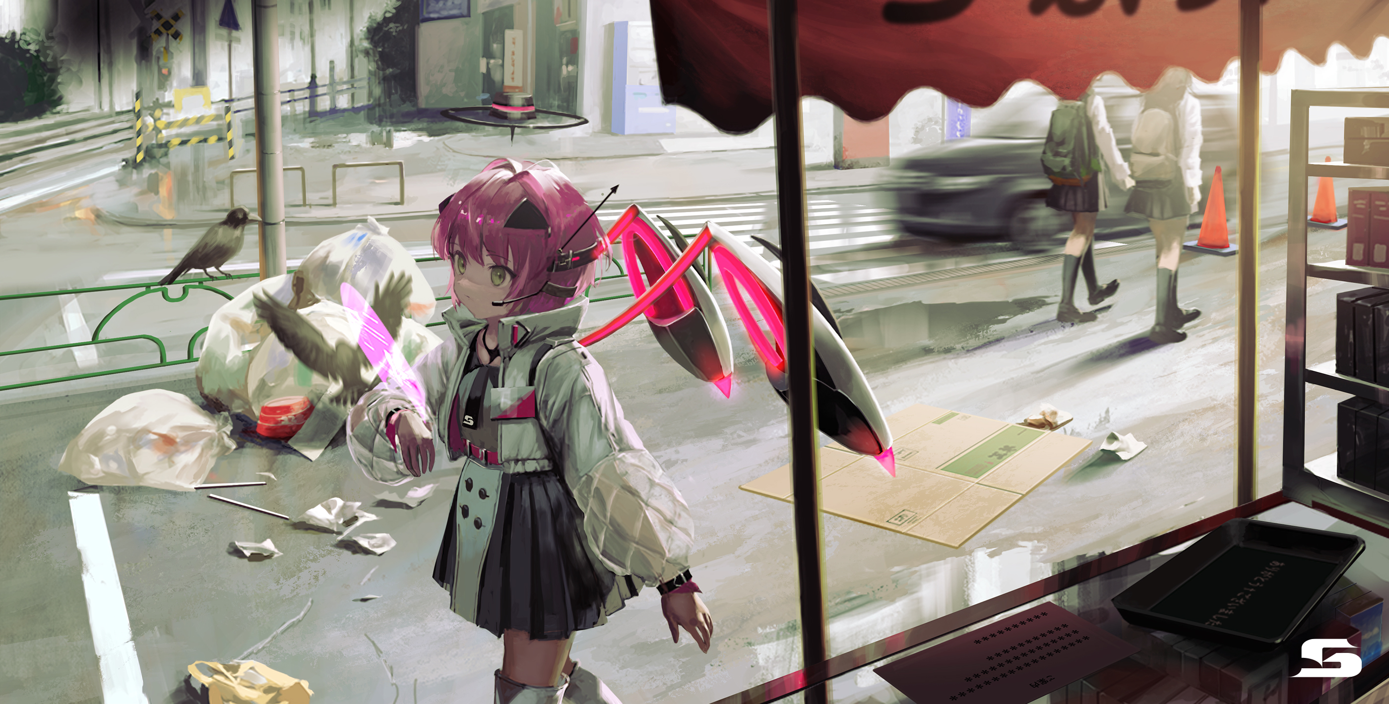 Anime girl with pink hair and mechanical wings on a street HD Wallpaper