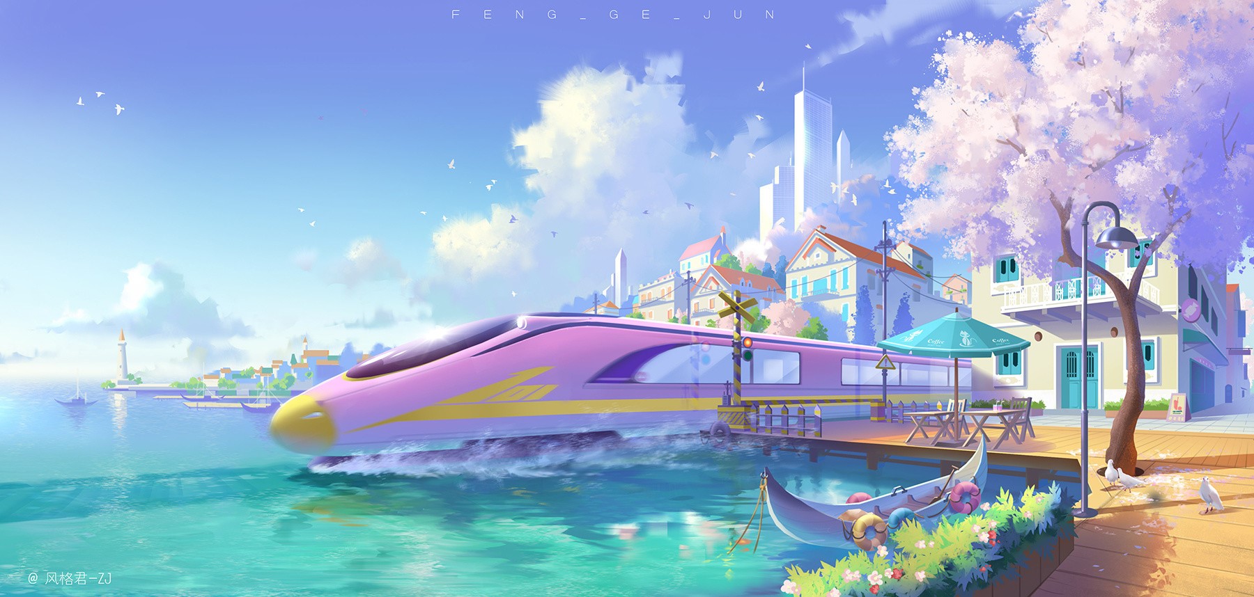 Fantasy train by the water with a cherry blossom tree HD Wallpaper