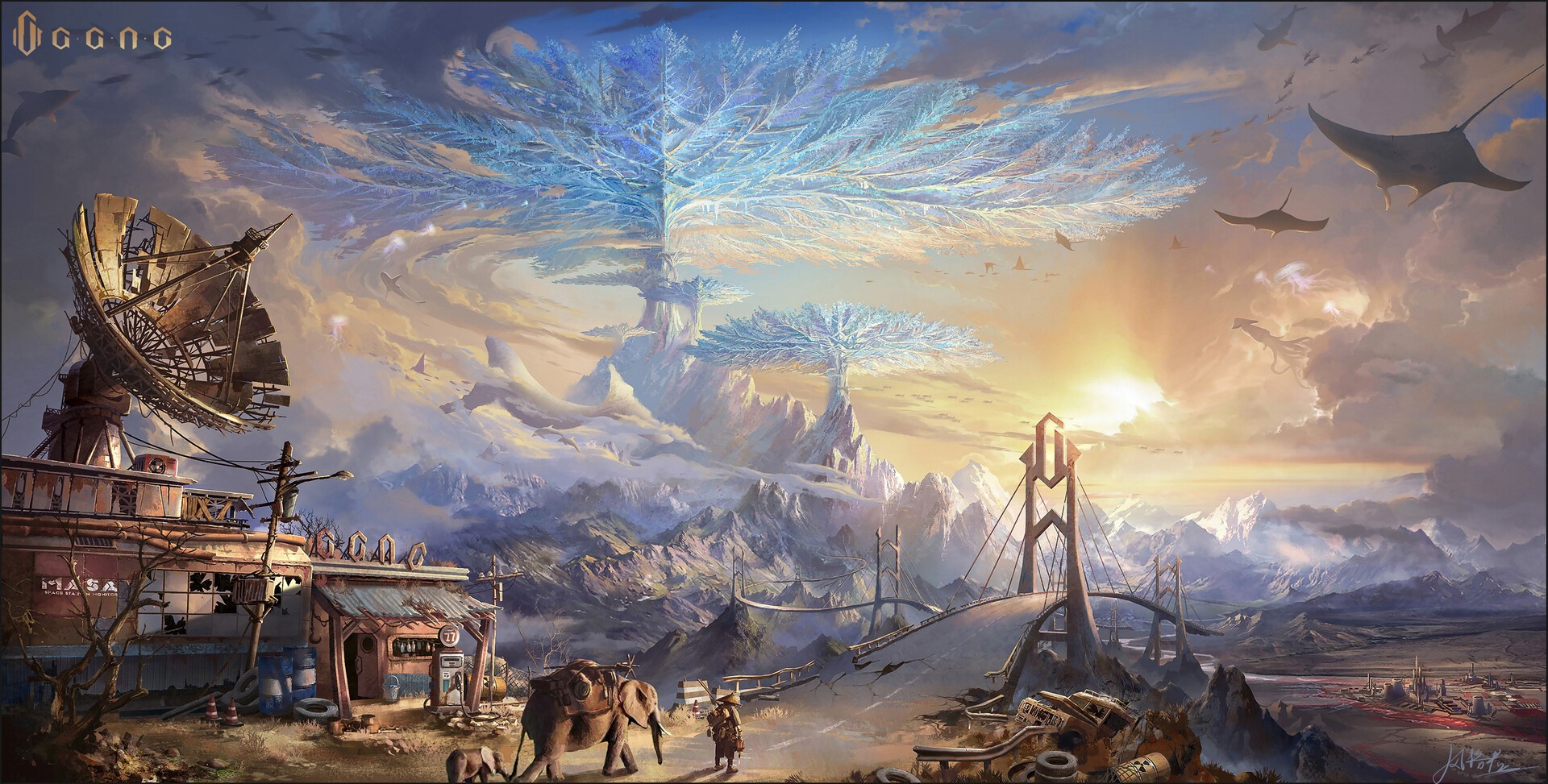 Jun Zhang's Surreal Fantasy Landscape with Elephants and Flying Creatures HD Wallpaper