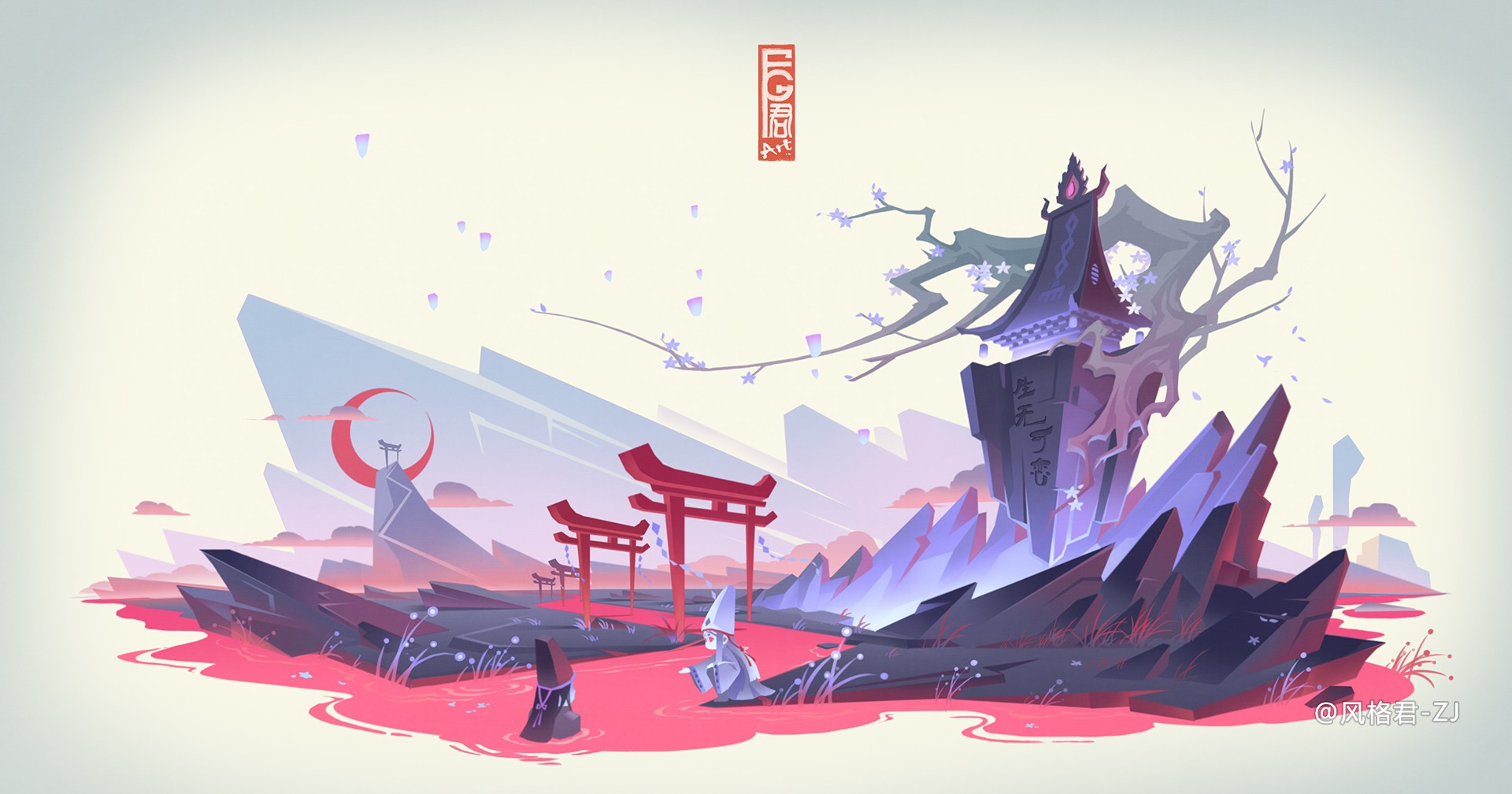 Digital art of a mystical landscape with Asian architecture HD Wallpaper