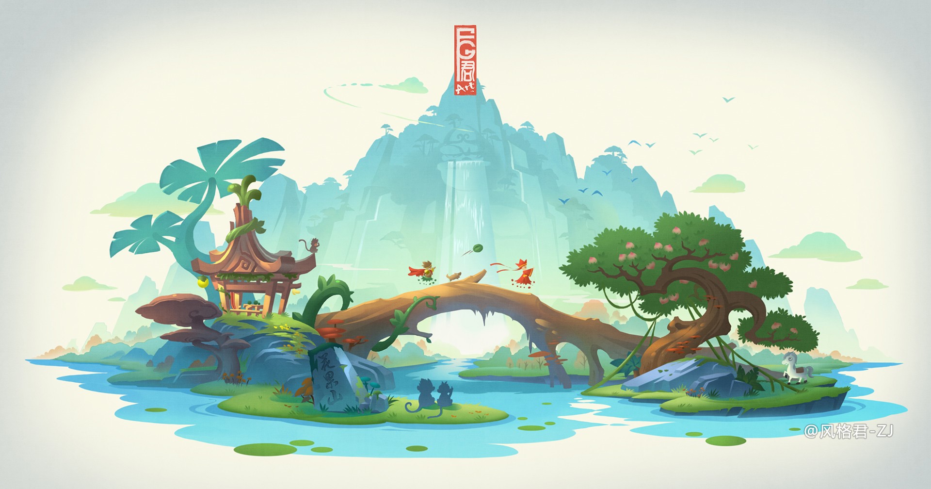 Fantasy landscape with Asian architecture and waterfall HD Wallpaper