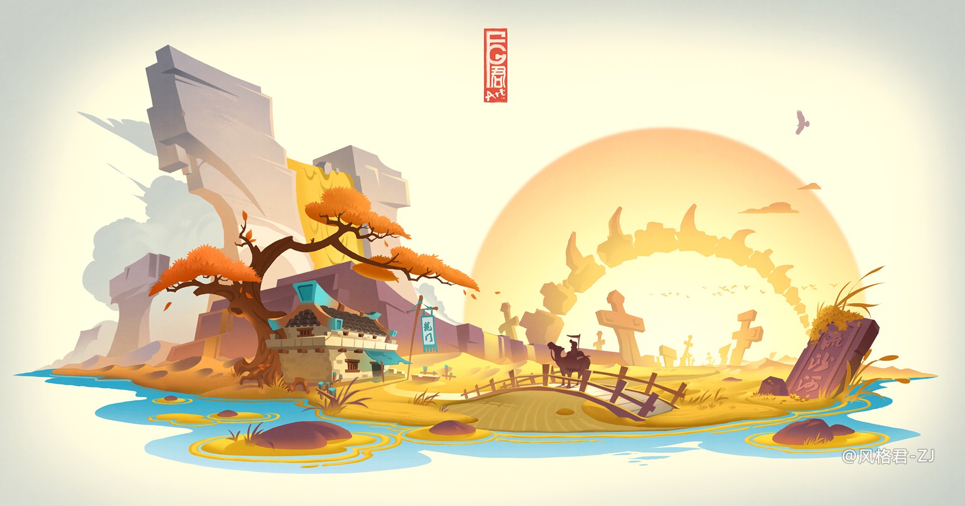 Camel rider crossing bridge at sunset with Asian architecture HD Wallpaper