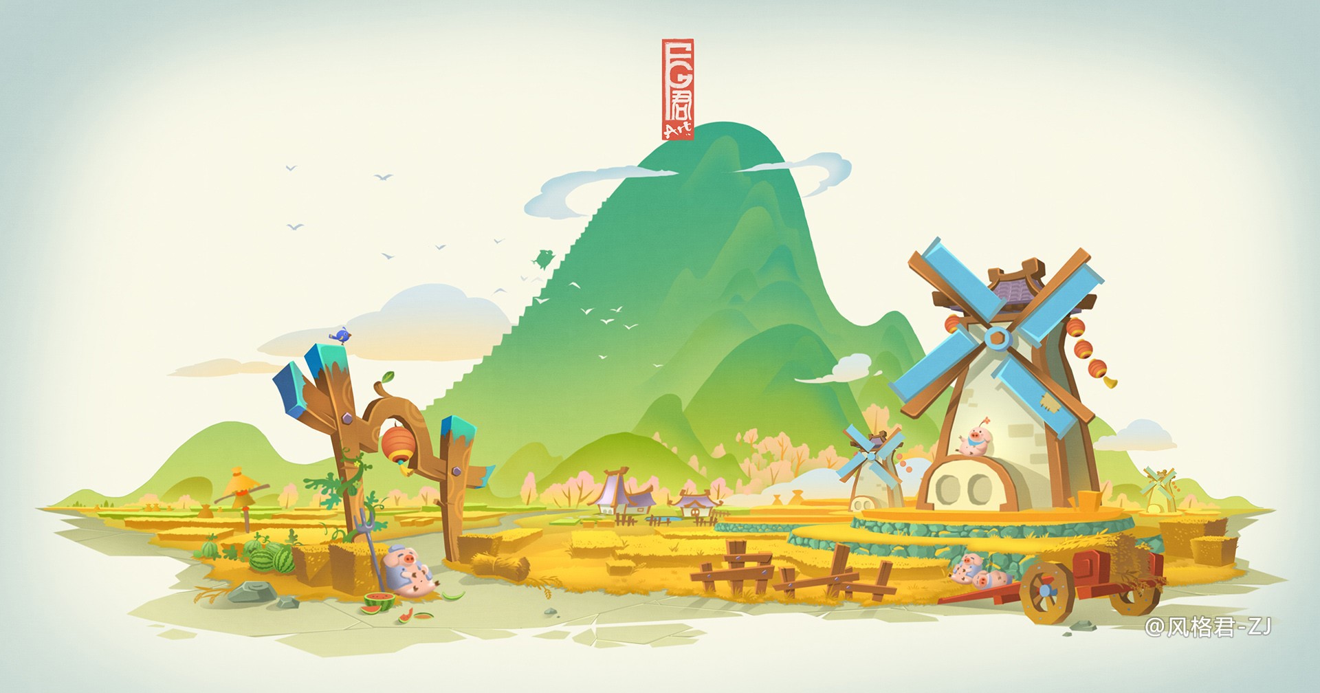 Farm scene with windmills, mountains, and pigs HD Wallpaper