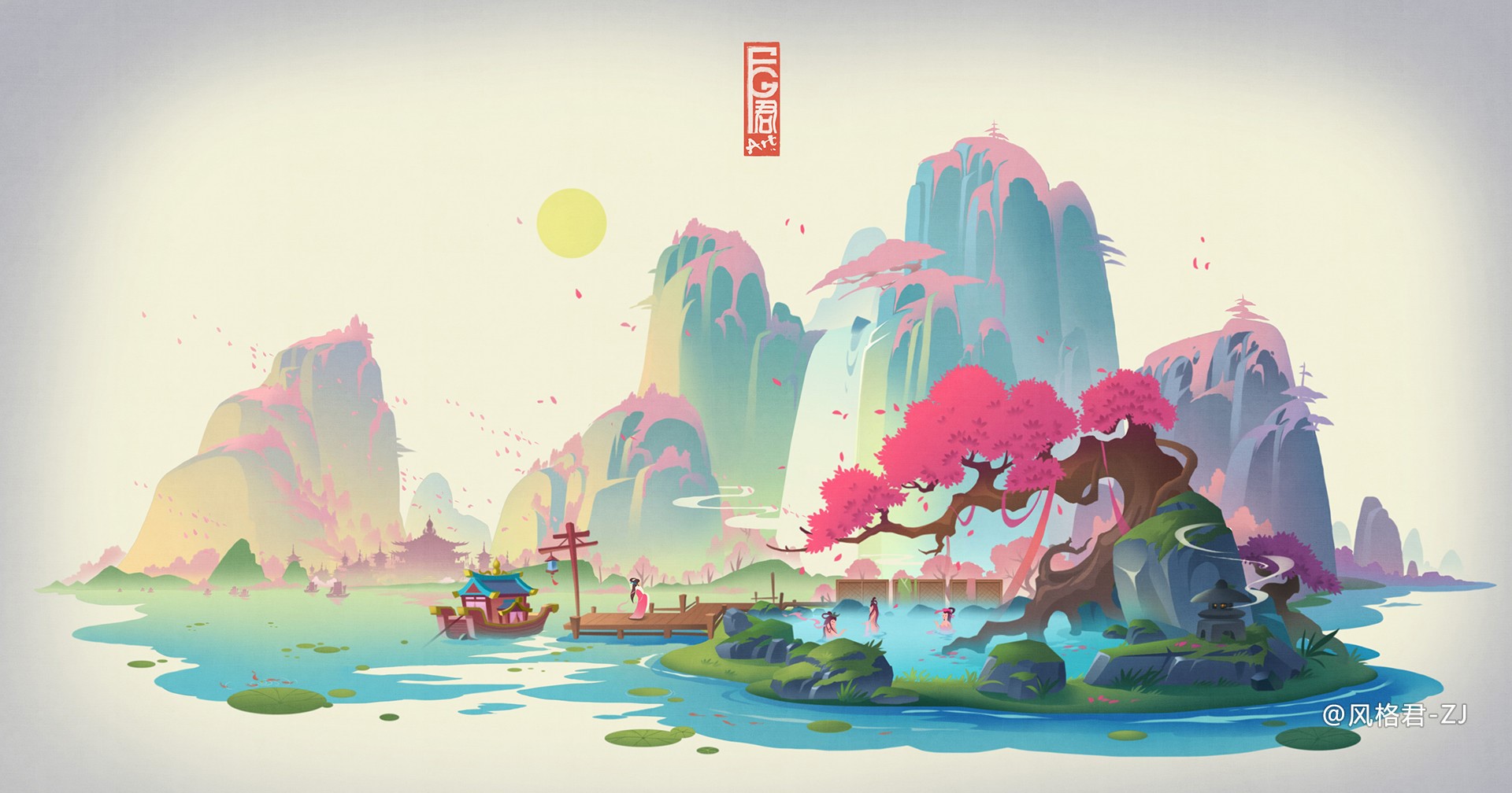 Digital art of a scenic landscape with mountains and a boat HD Wallpaper