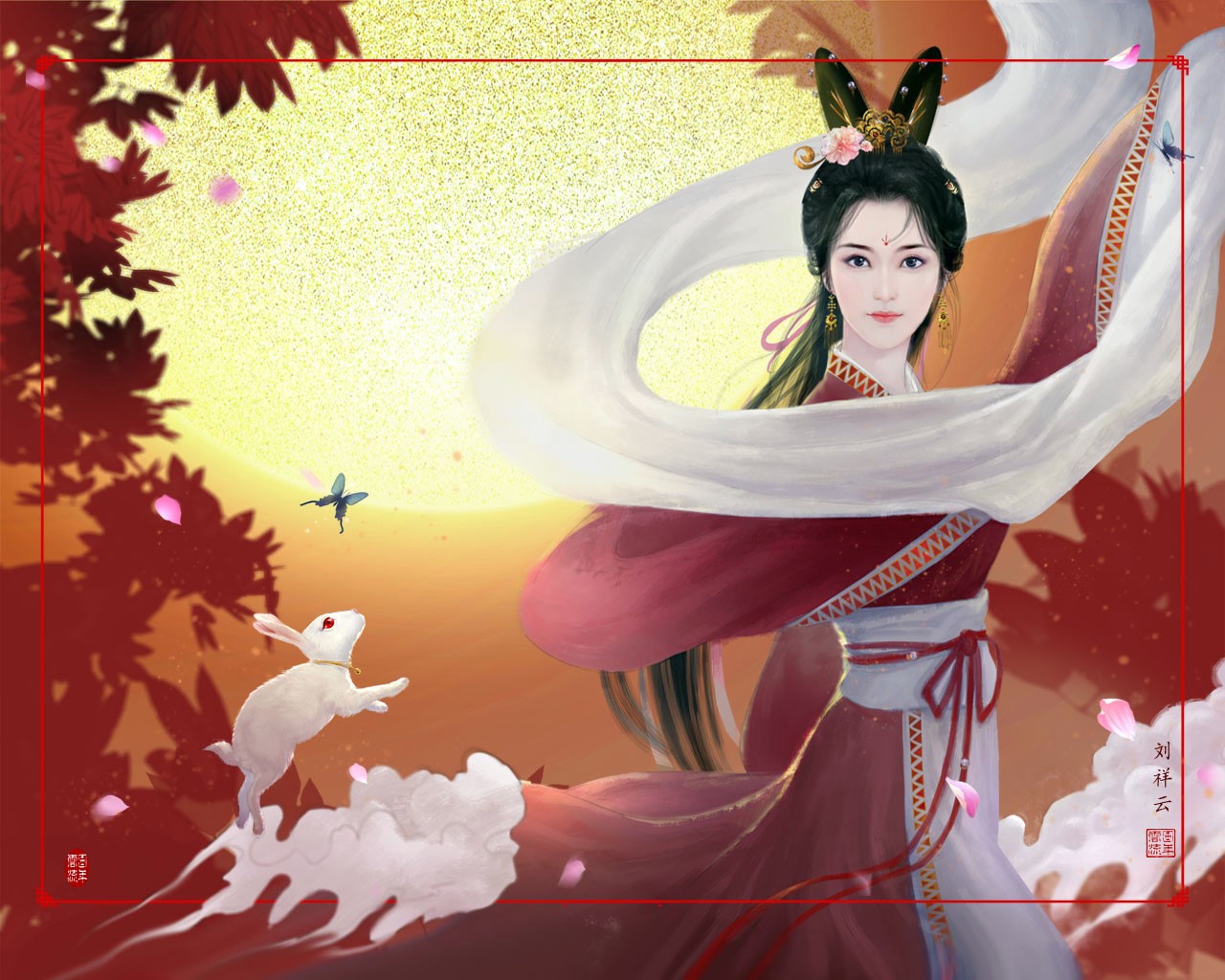 HiLiuyun, a fantasy girl with a rabbit and butterflies HD Wallpaper