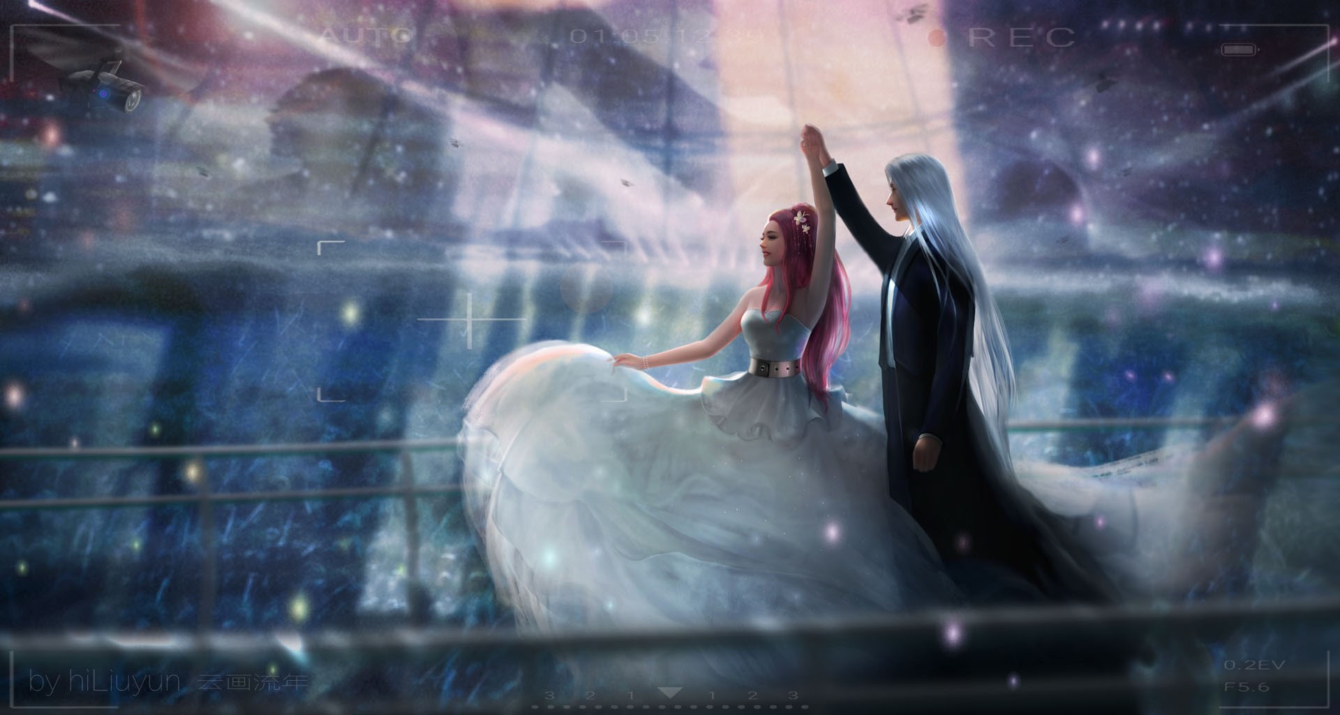Couple dancing in a futuristic city with a starry sky HD Wallpaper