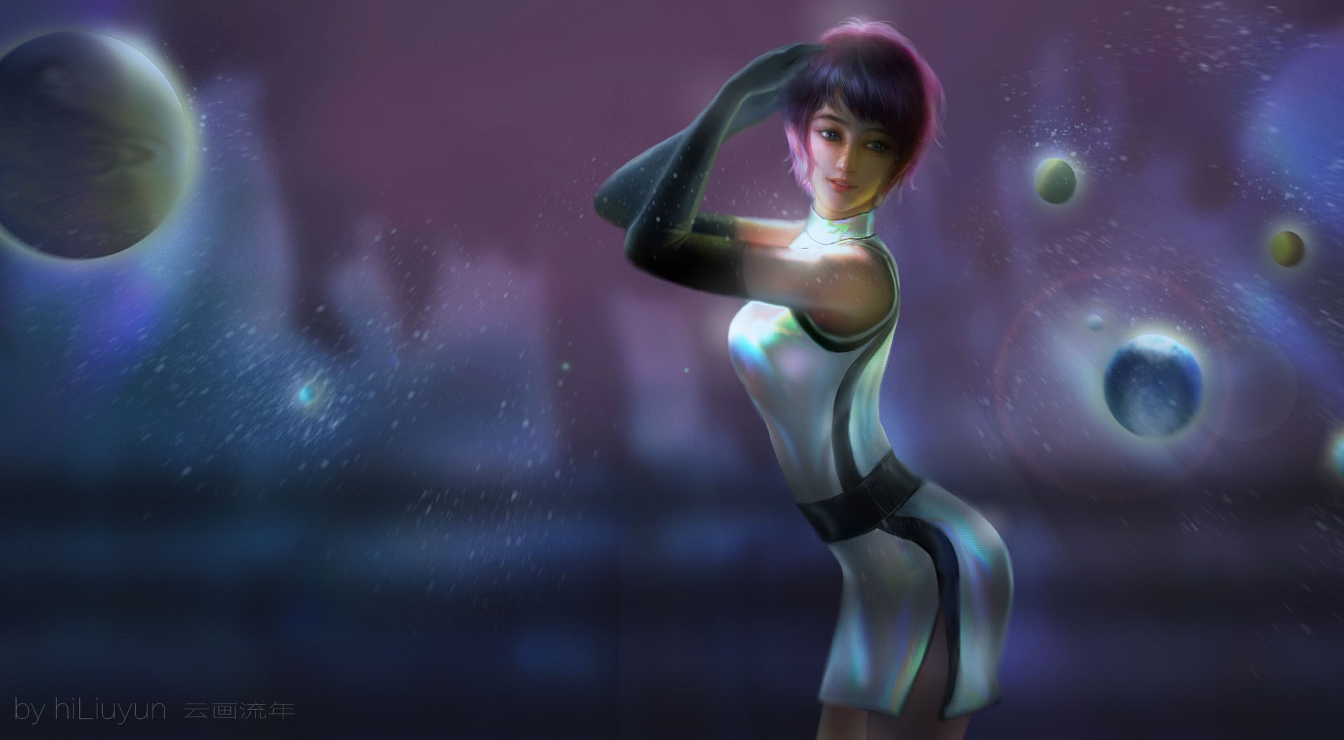 Woman in futuristic outfit in space with planets HD Wallpaper