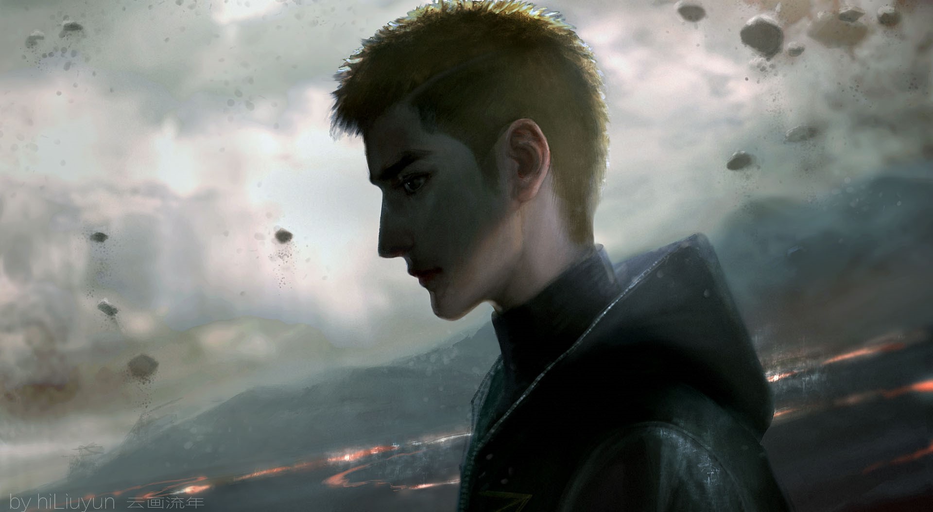 Man in a dark hooded jacket in a desolate landscape HD Wallpaper