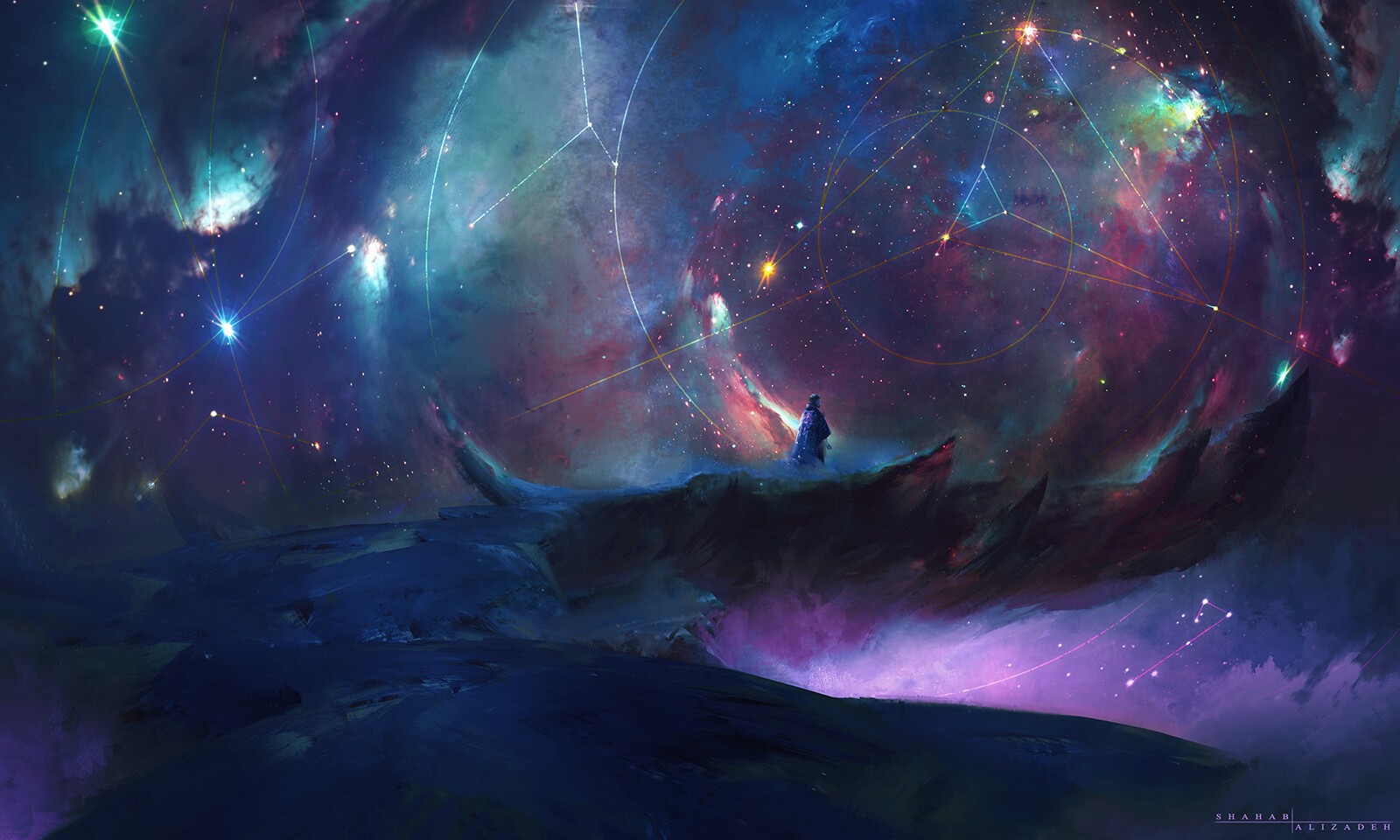 Figure observing constellations in a colorful nebula HD Wallpaper