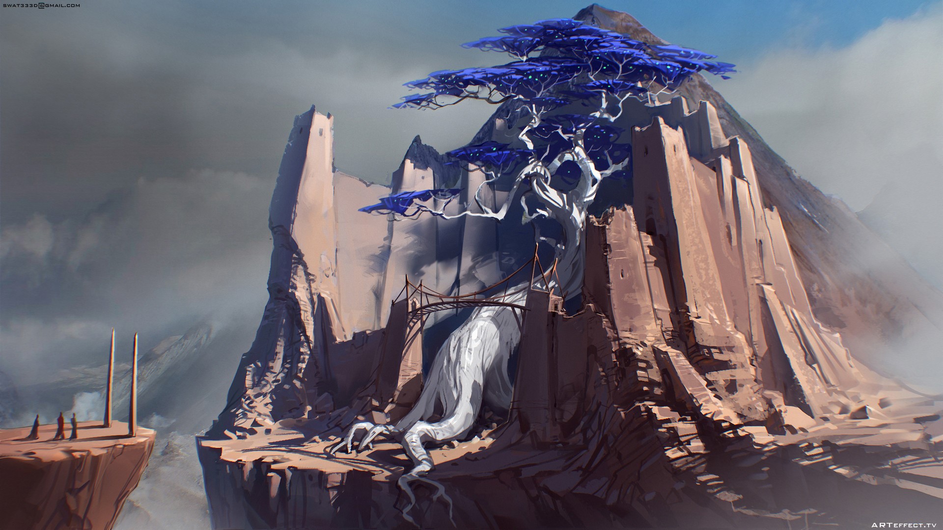 Fantasy art of a surreal tree on a rocky mountain HD Wallpaper