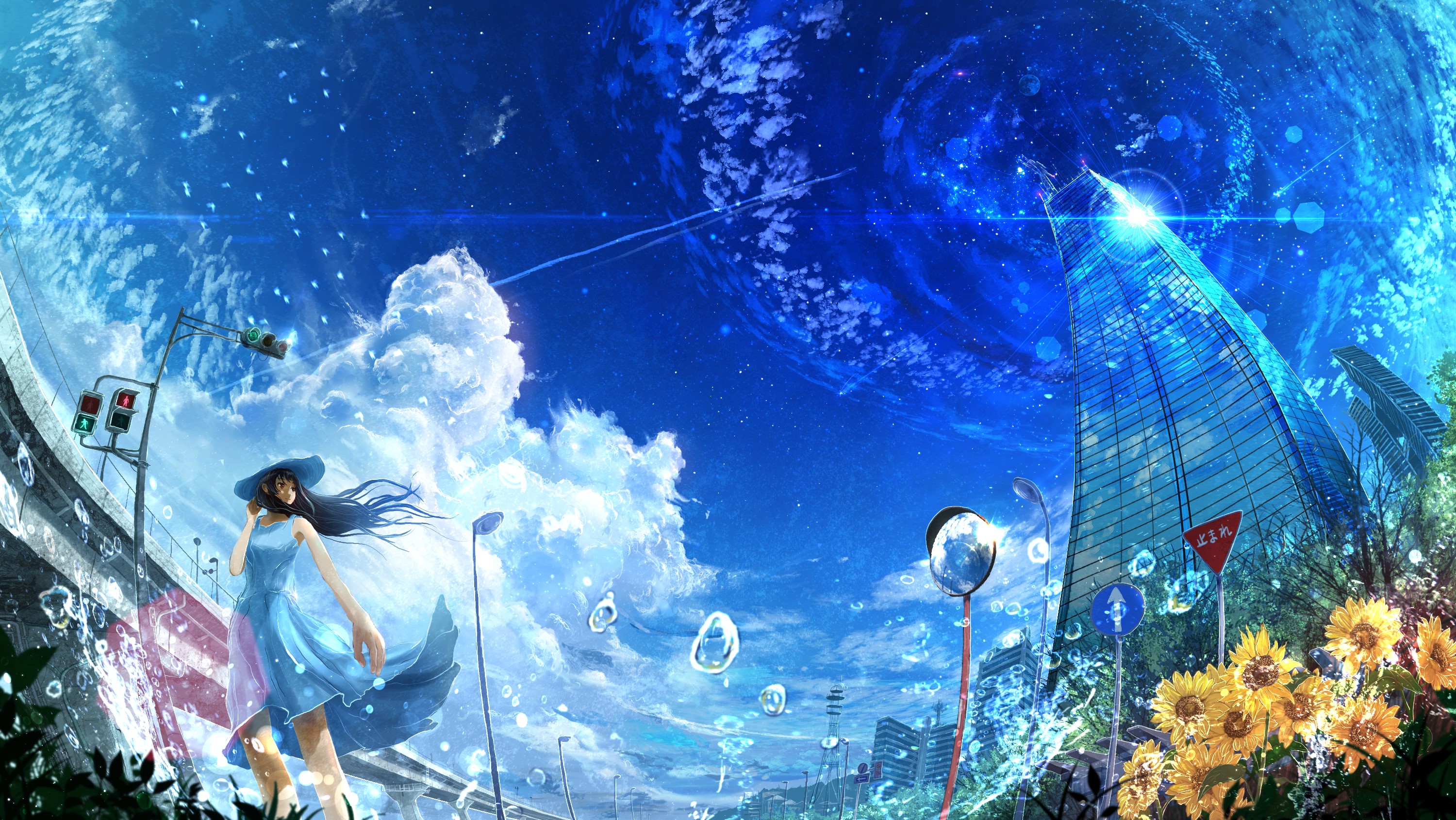 Anime girl in blue dress in a futuristic cityscape HD Wallpaper