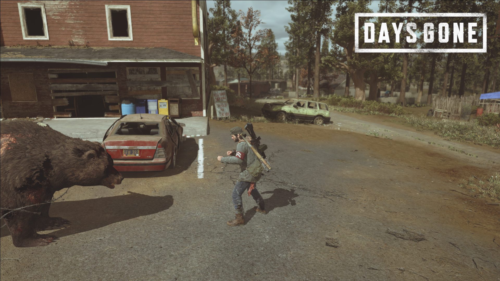 Days Gone: Man fighting a bear near a car HD Wallpaper
